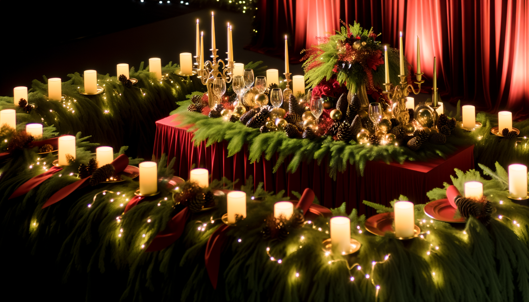 Elegant DIY Christmas centerpiece with evergreen branches, pine cones, candles.