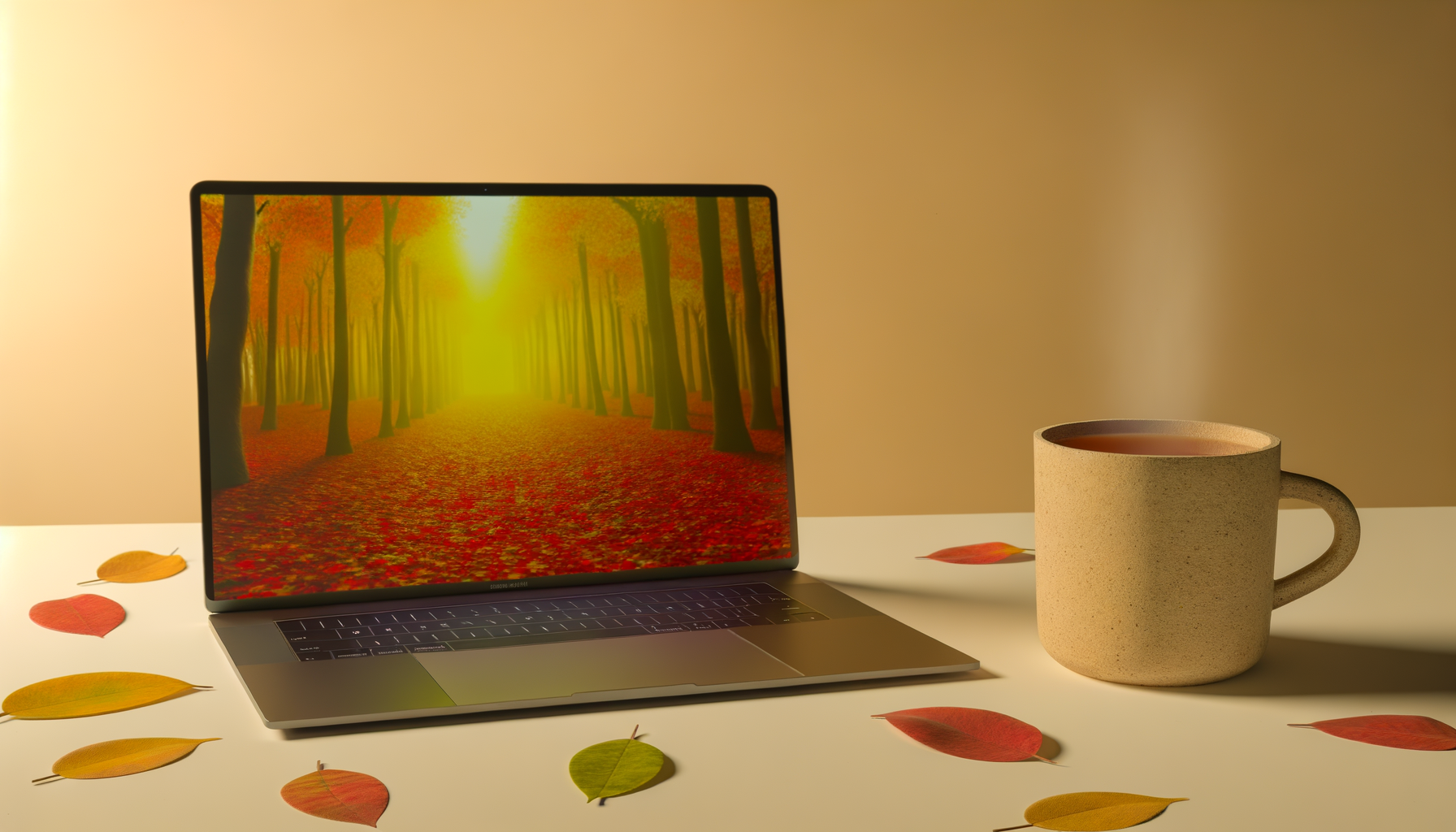 Cozy fall-themed laptop setup with autumn forest wallpaper, scattered leaves, and spiced tea.