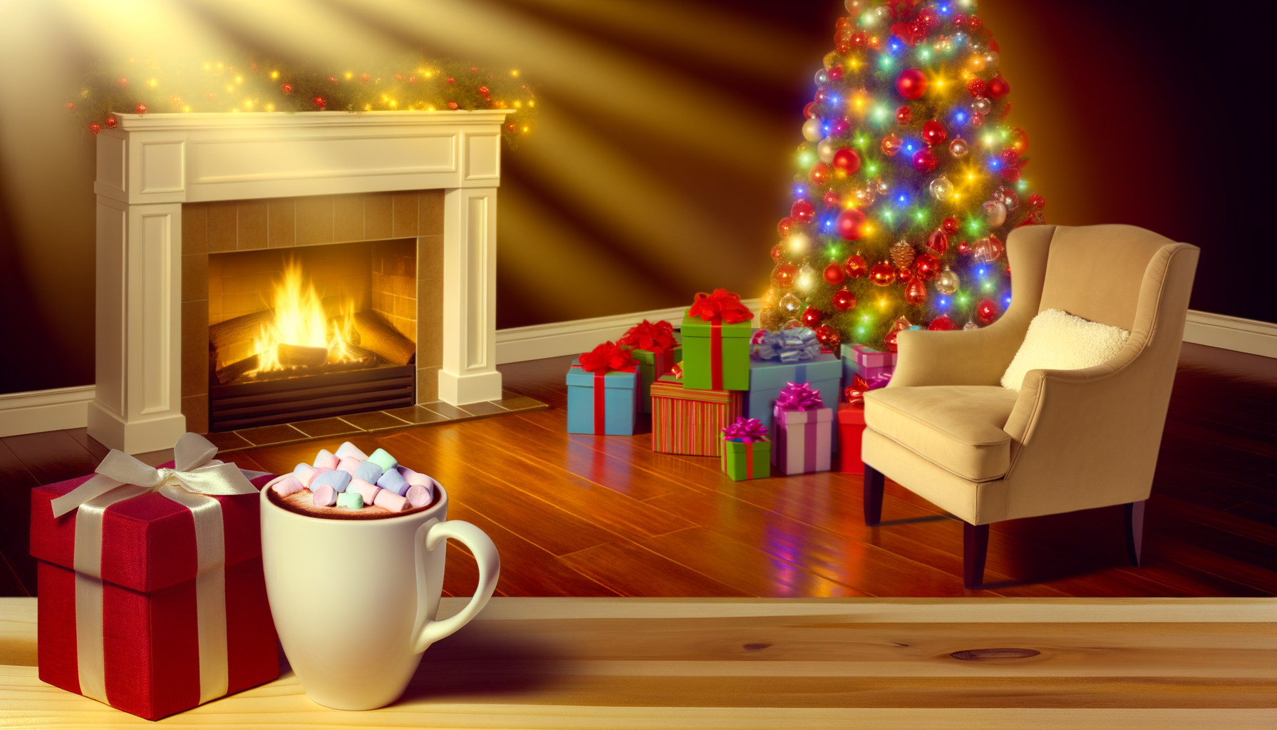 Festive living room with fireplace, hot cocoa, presents, perfect for holiday pajama shopping guide.