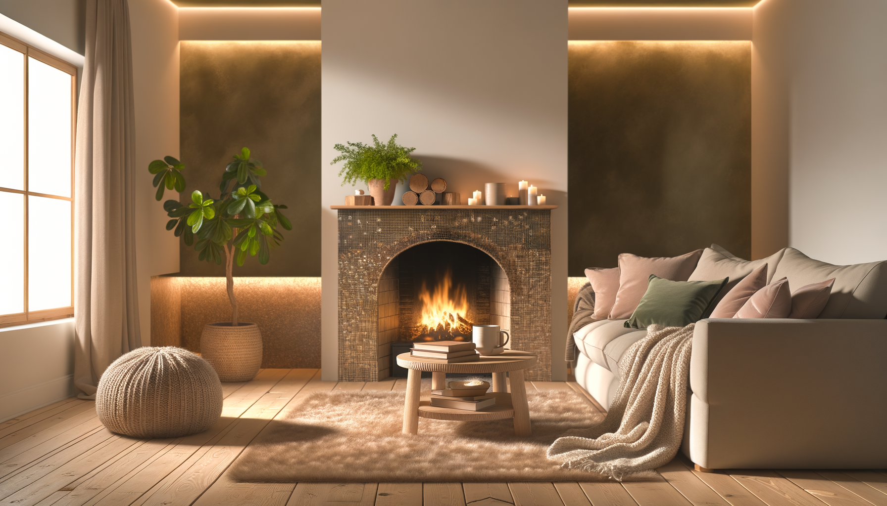 Cozy hygge living room with soft lighting, plush textures, fireplace, and earth tones.