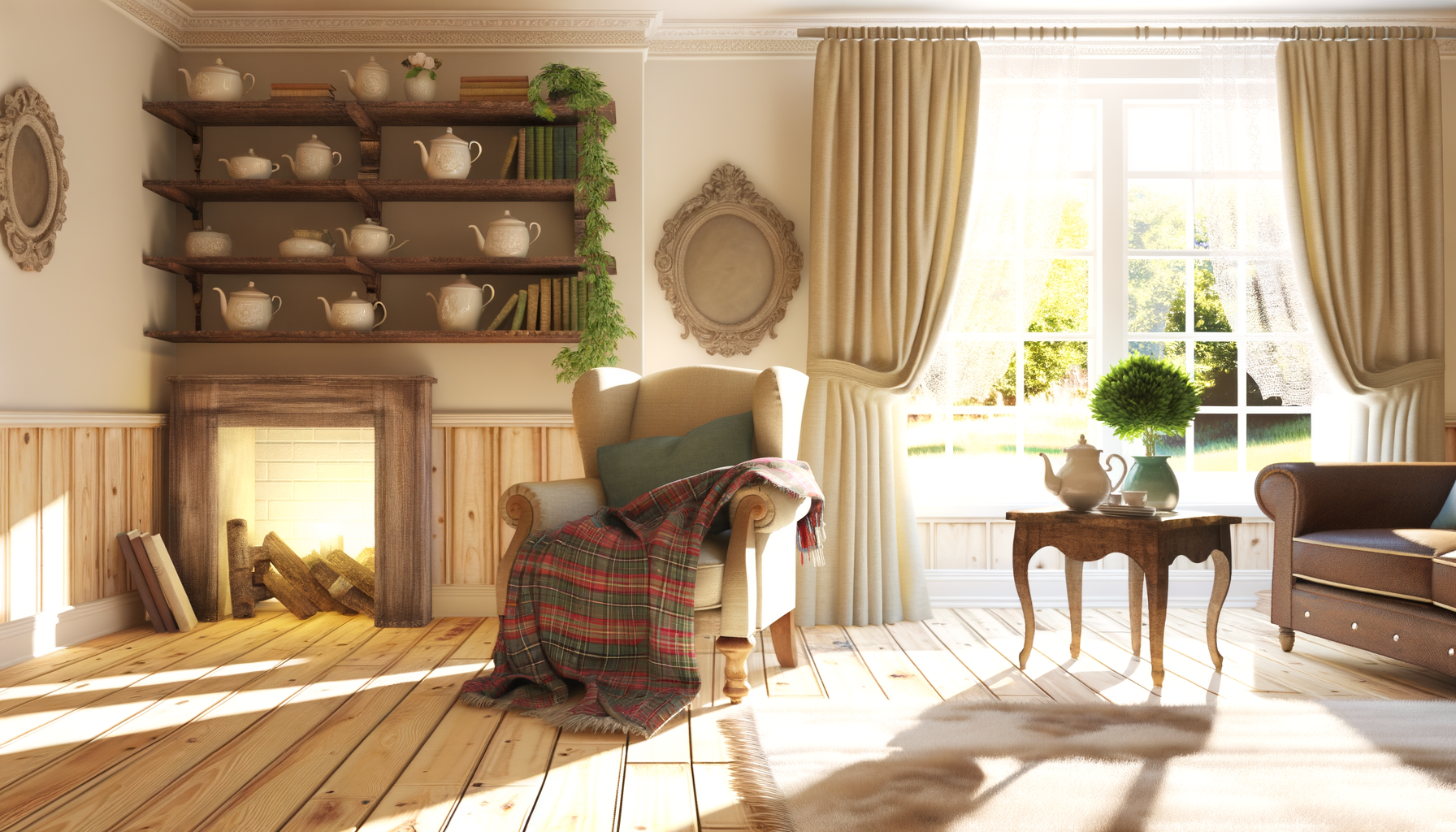 Cozy cottage-inspired living room with rustic decor and lush greenery.