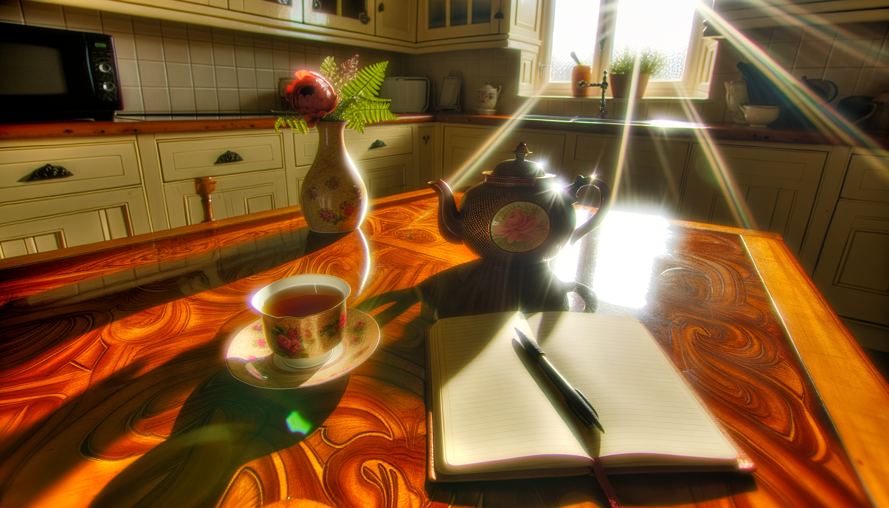 Cozy morning routine with herbal tea, journal, flowers on sunlit table.