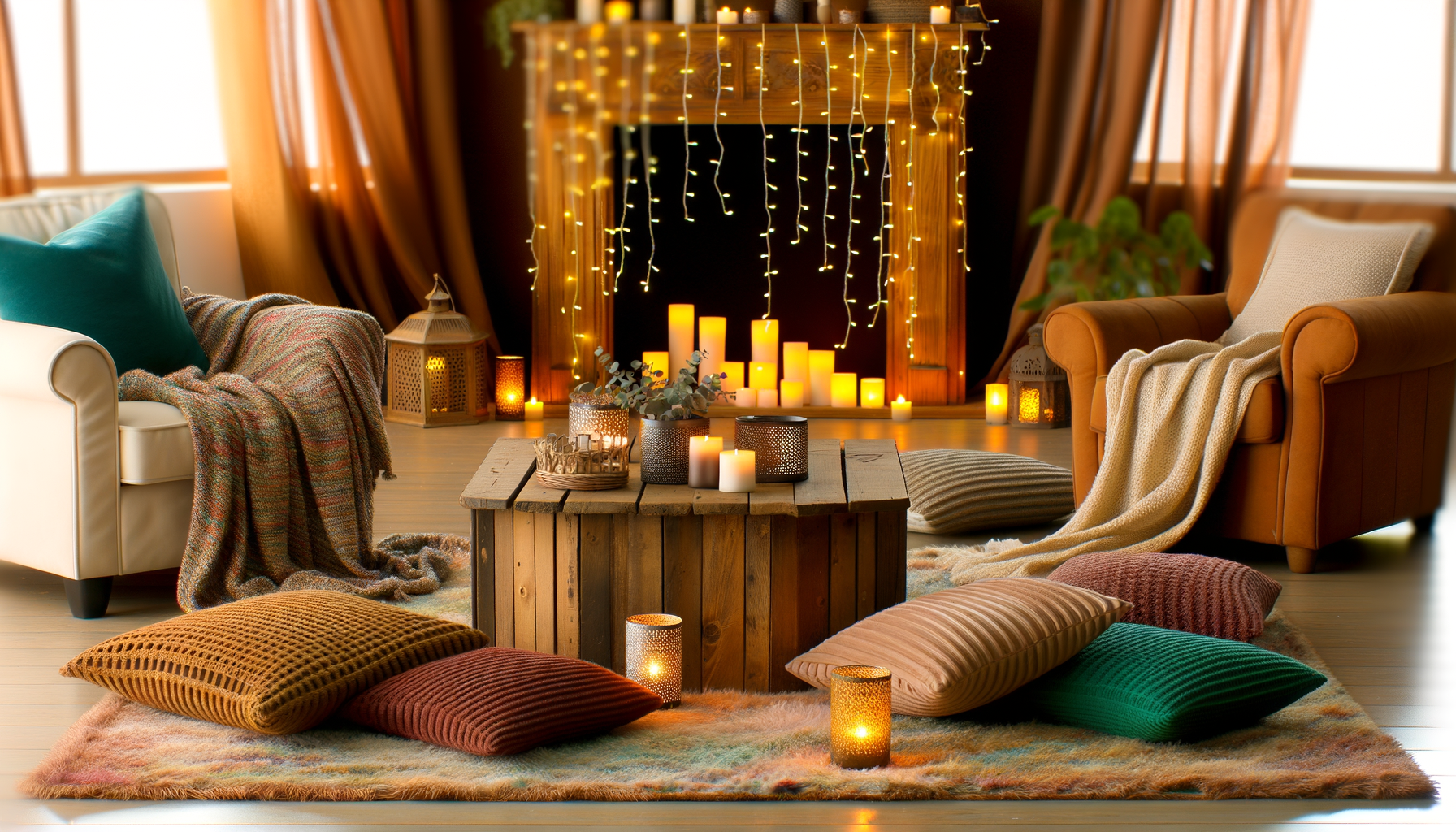 Cozy winter living room with blankets, candles, and twinkling lights for hygge ambiance.