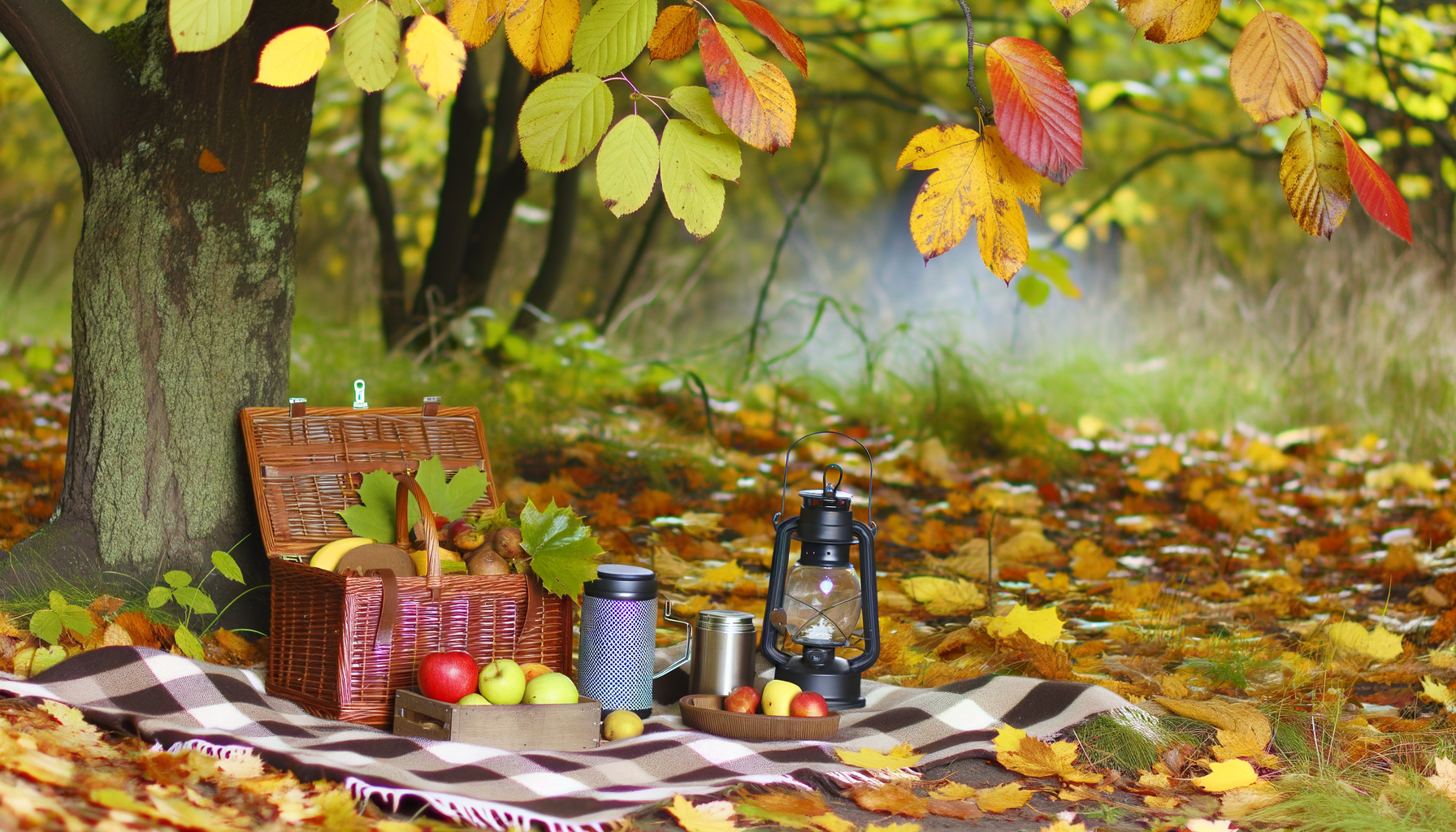 Cozy autumn picnic setup with plaid blanket, fruits, lantern, and steaming thermos.