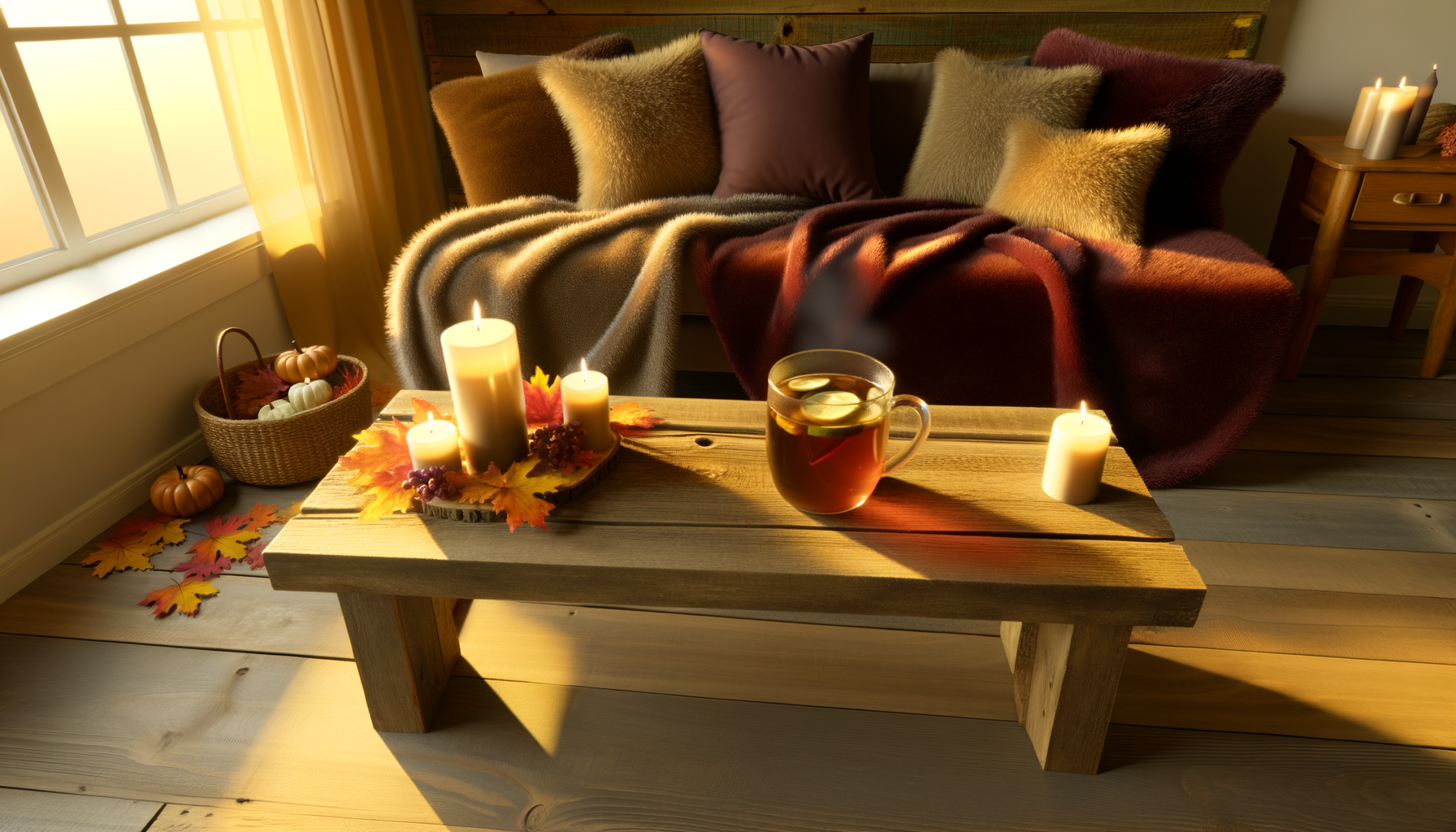 Cozy fall living room with blankets, tea, candles, pumpkins, and autumn decor.