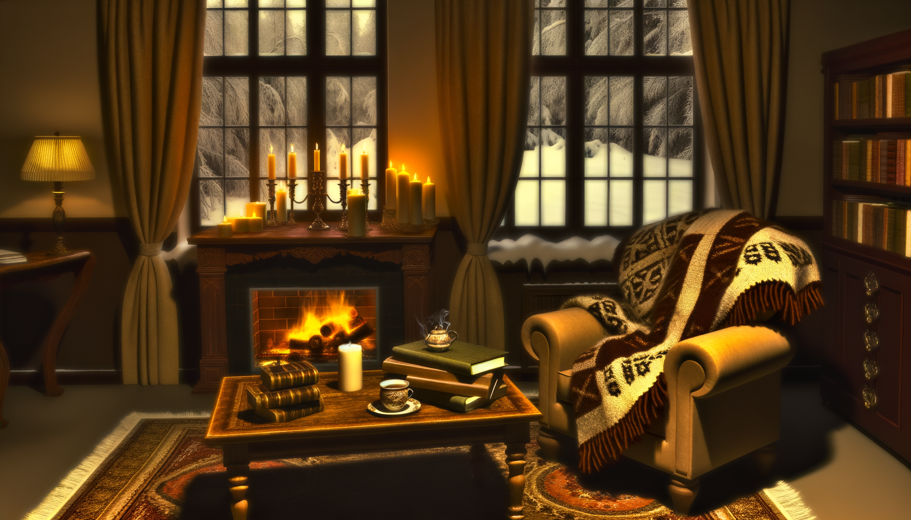 Cozy living room with armchair, fireplace, candles, books, perfect for winter self-care.