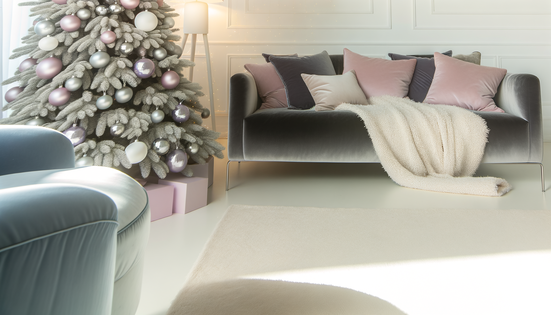 Minimalist pastel Christmas living room decor for a cozy elegant holiday ambiance.