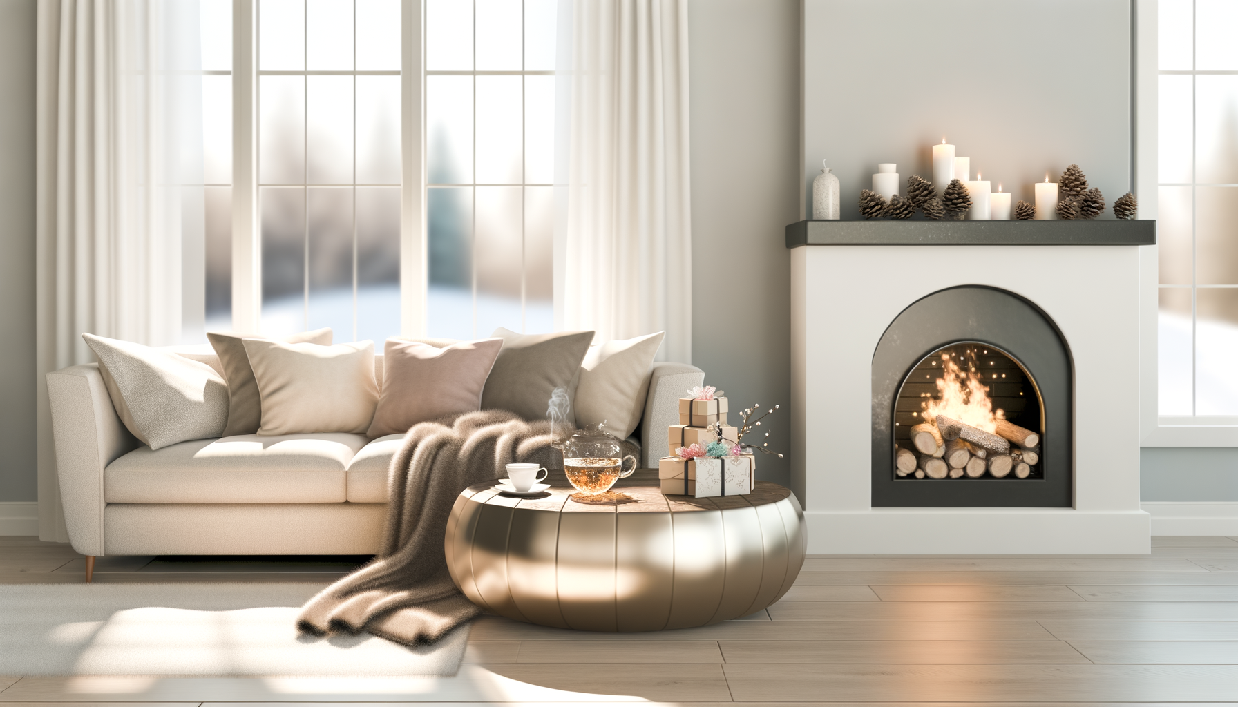 Cozy living room with blankets, gifts, and fireplace for a new year reset.