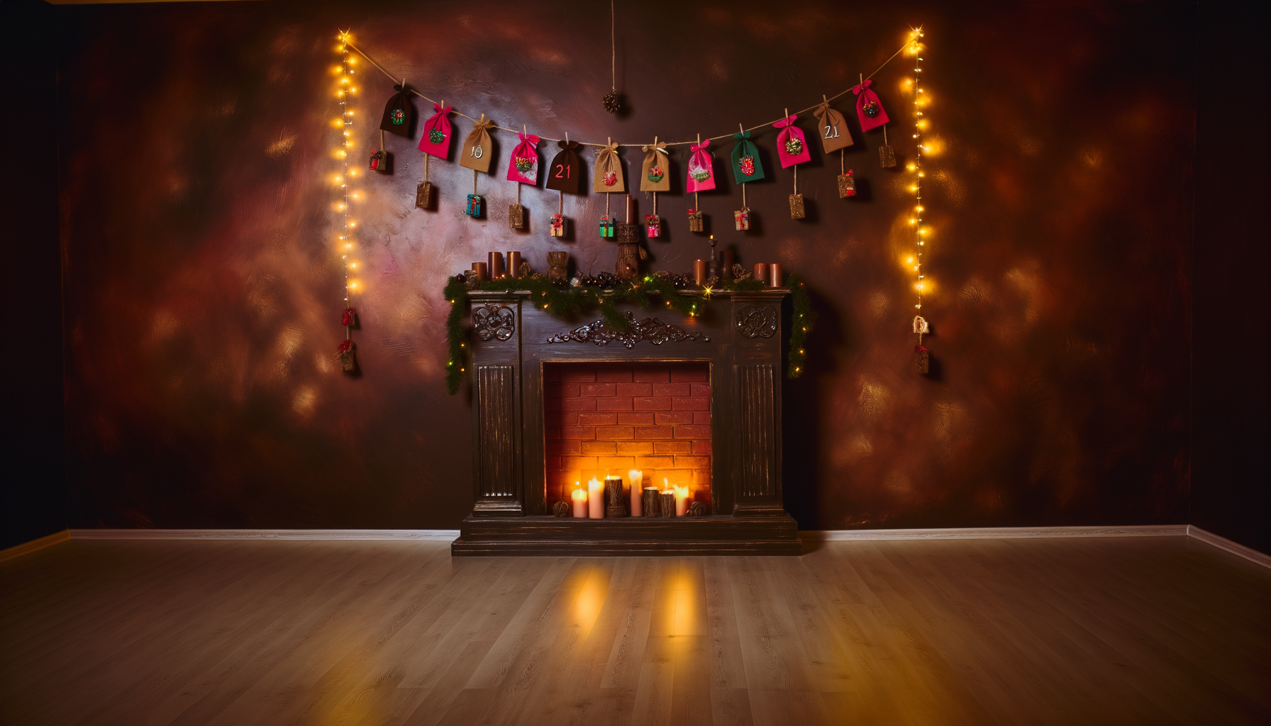 Handmade advent calendar envelopes hanging in cozy Christmas living room.