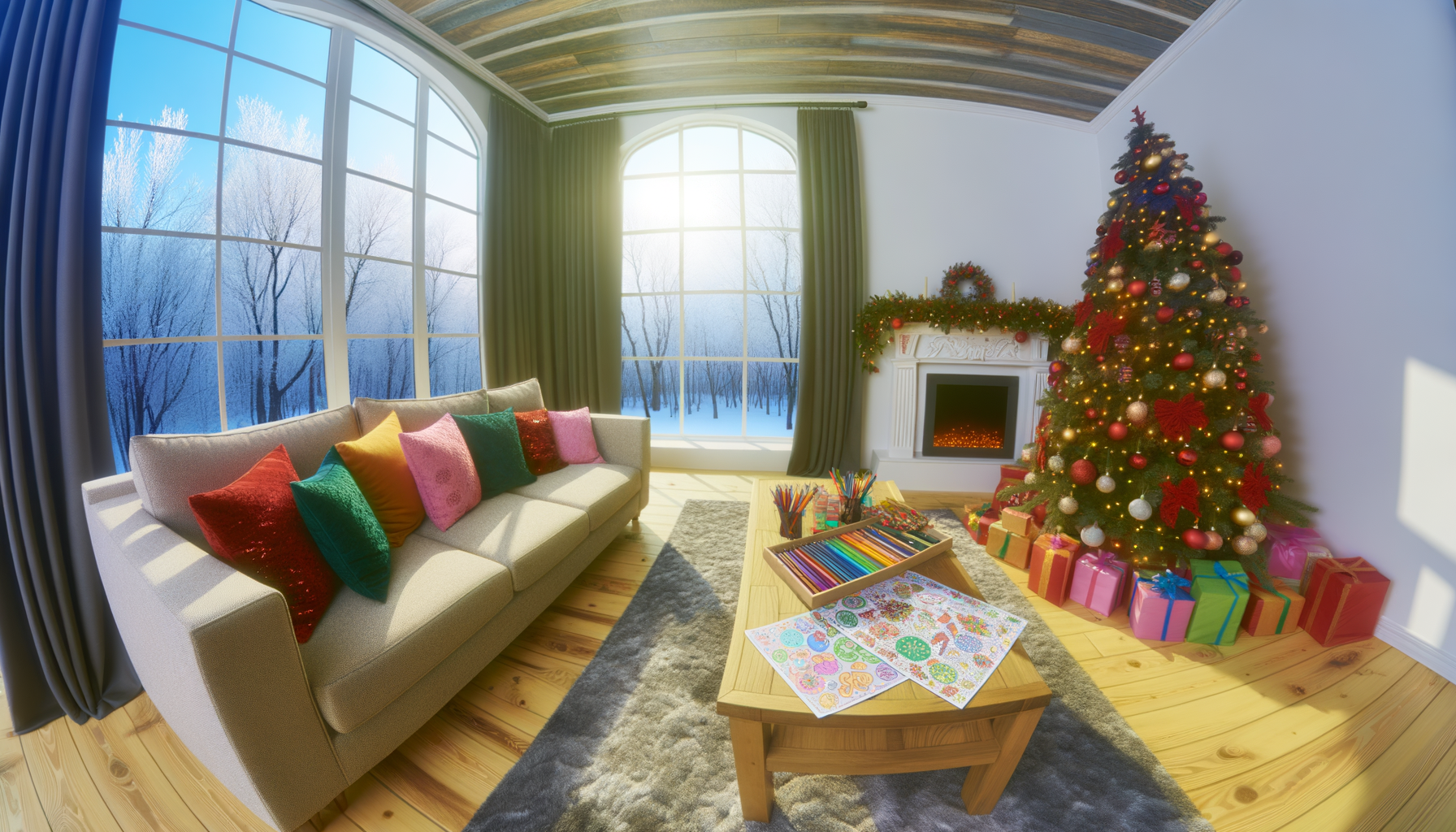 Cozy Christmas living room with coloring pages and tree, family holiday traditions.