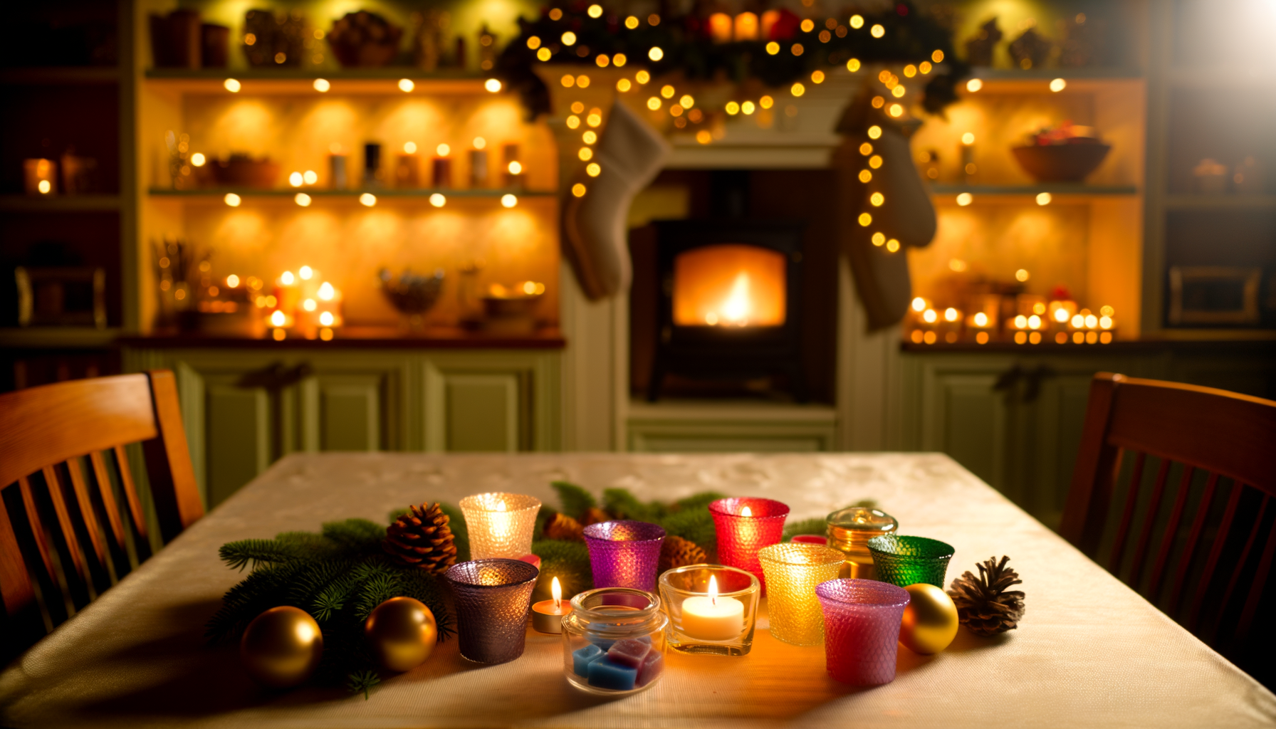 Cozy holiday candle crafting scene with waxes, oils, votives, and festive decor.