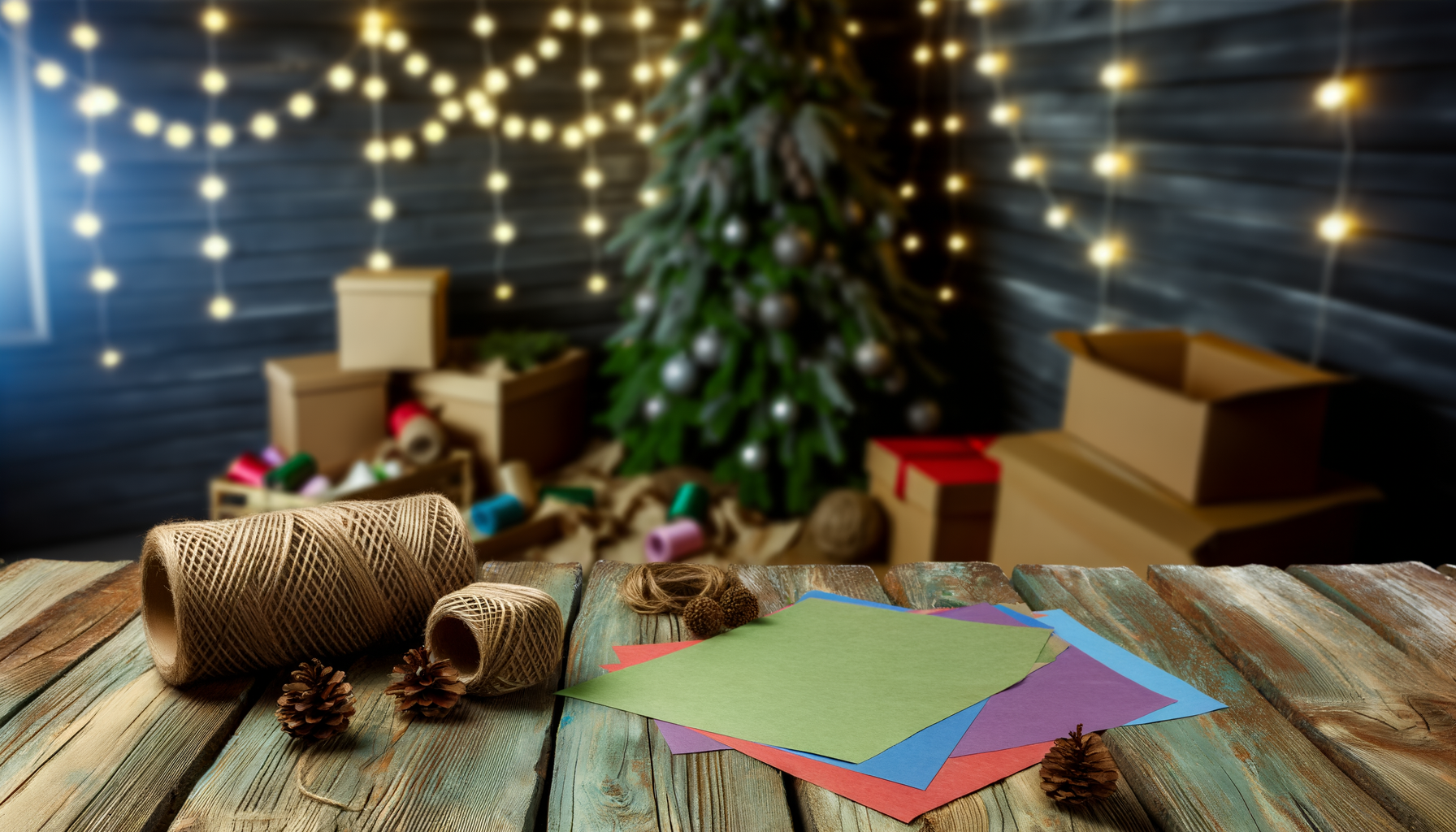 Cozy crafting corner with sustainable holiday gift wrapping supplies and fairy lights.
