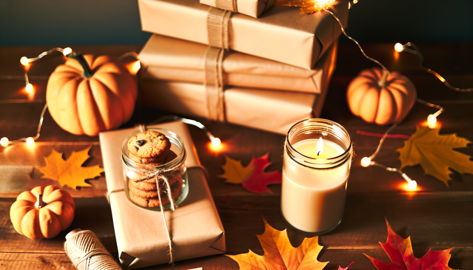 Autumn-themed teacher appreciation gifts: candle, homemade cookies, wrapped presents, maple leaves.