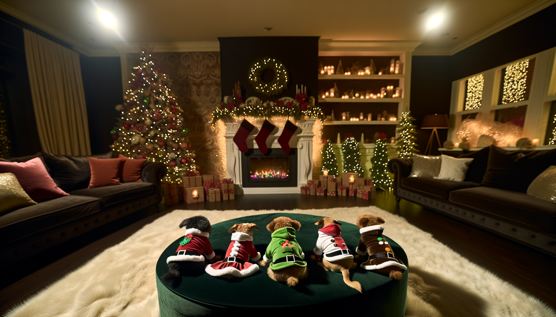 Cozy holiday living room with festive dog costumes for enchanting photos.