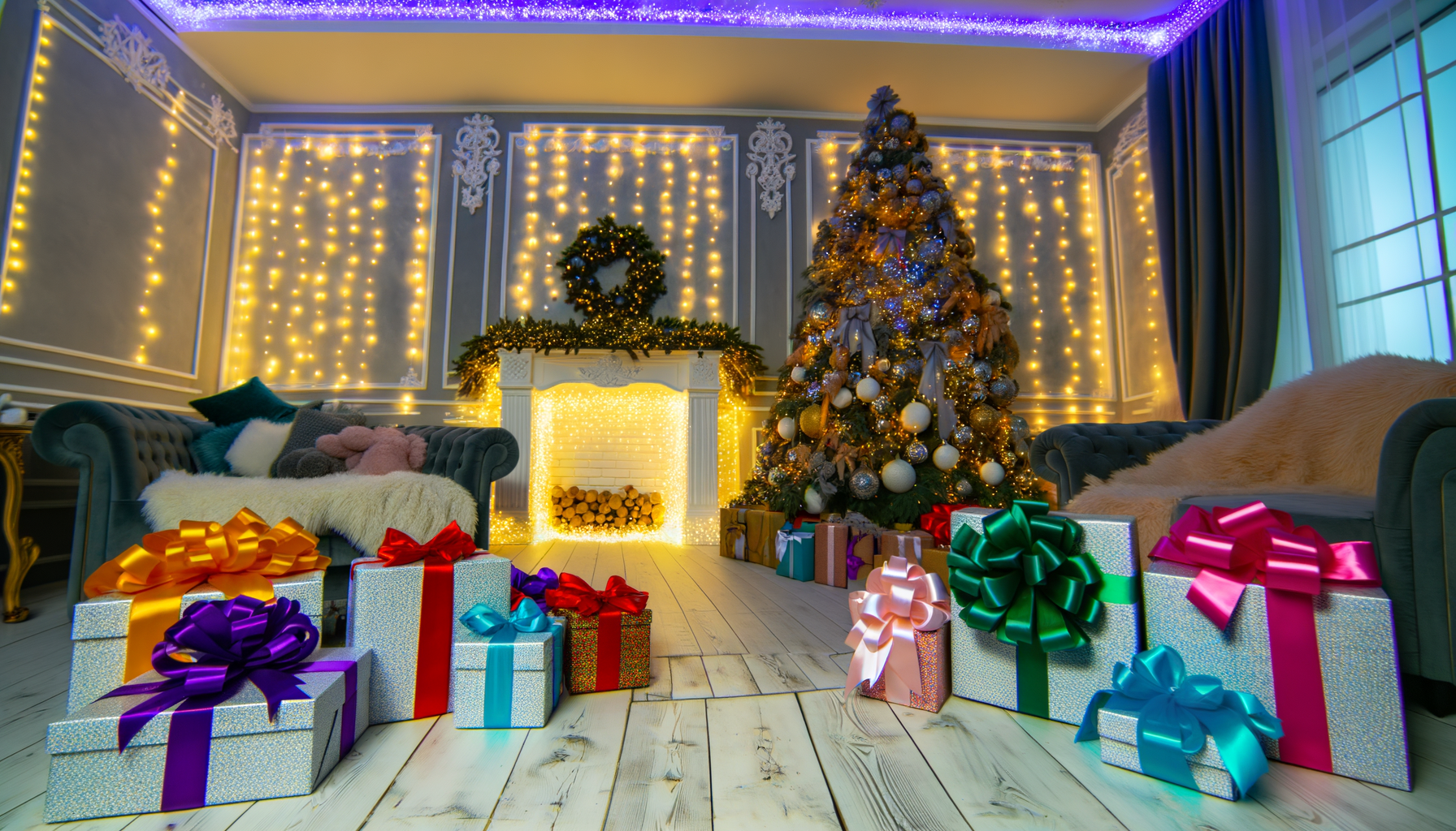 Cozy Christmas living room with wrapped gifts, twinkling lights, and festive decorations.