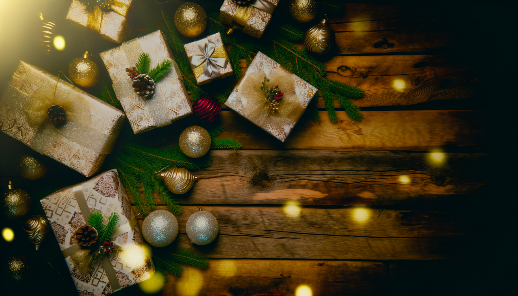 Elegant Christmas gifts under $100 on rustic wooden table with evergreen.