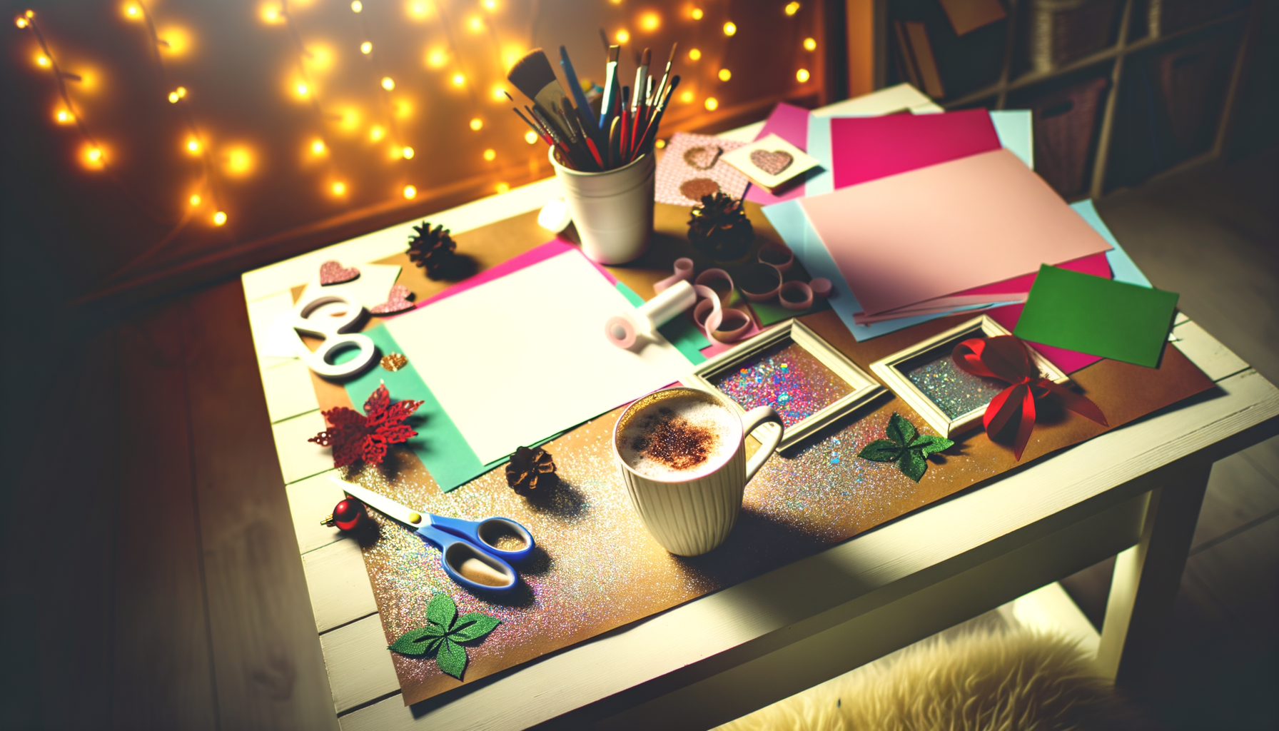 Cozy holiday crafting table with festive decor for DIY photo gifts.