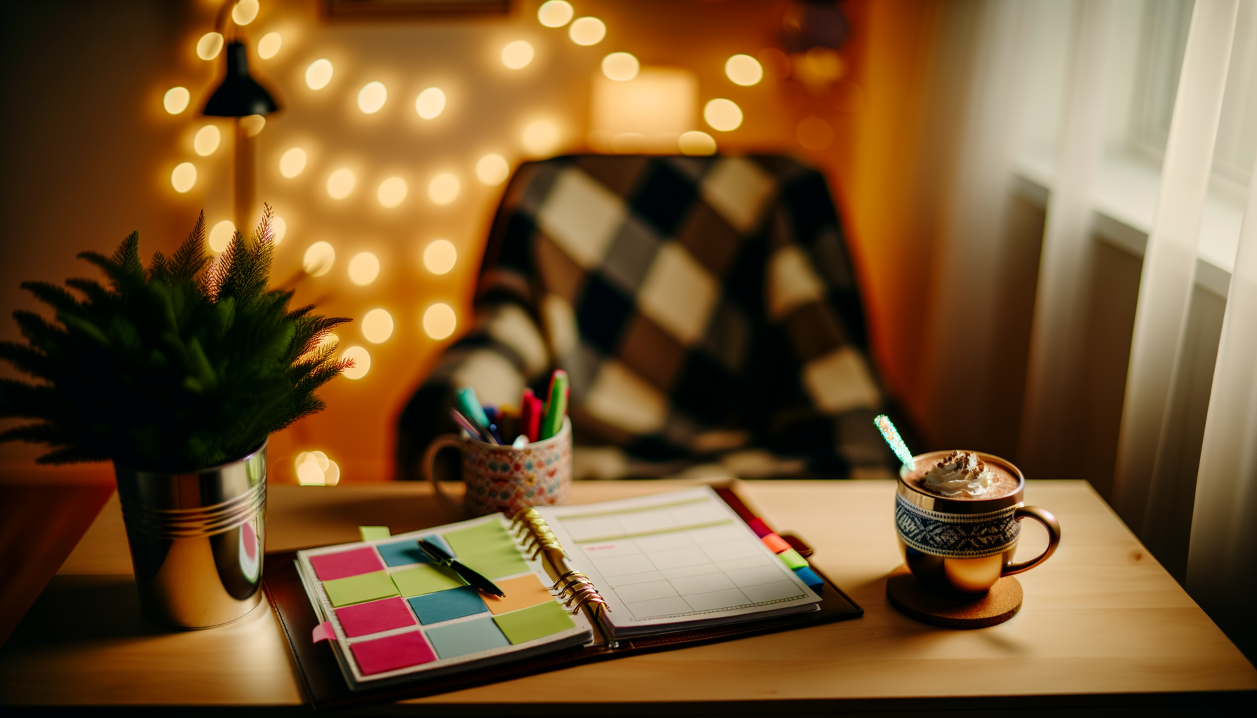 Cozy holiday workspace with printable planner, cocoa, and festive decor.