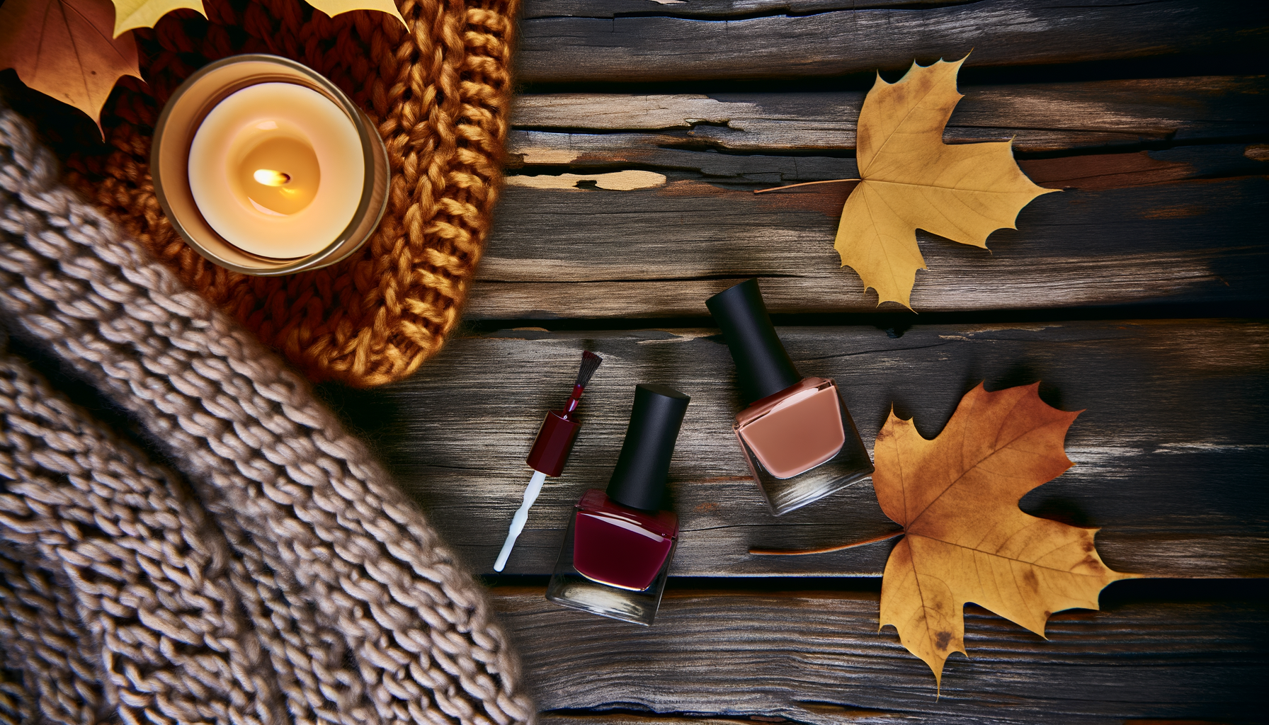 Stylish fall nail polish setup on rustic table with autumn decor accents.
