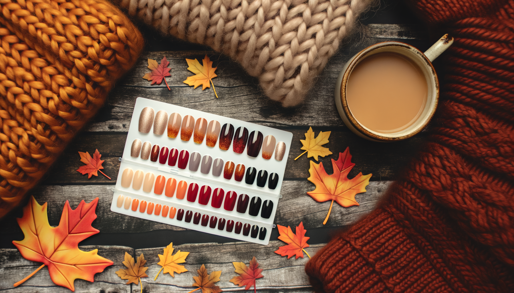 Cozy fall-themed press on nails with pumpkin spice latte on rustic table.