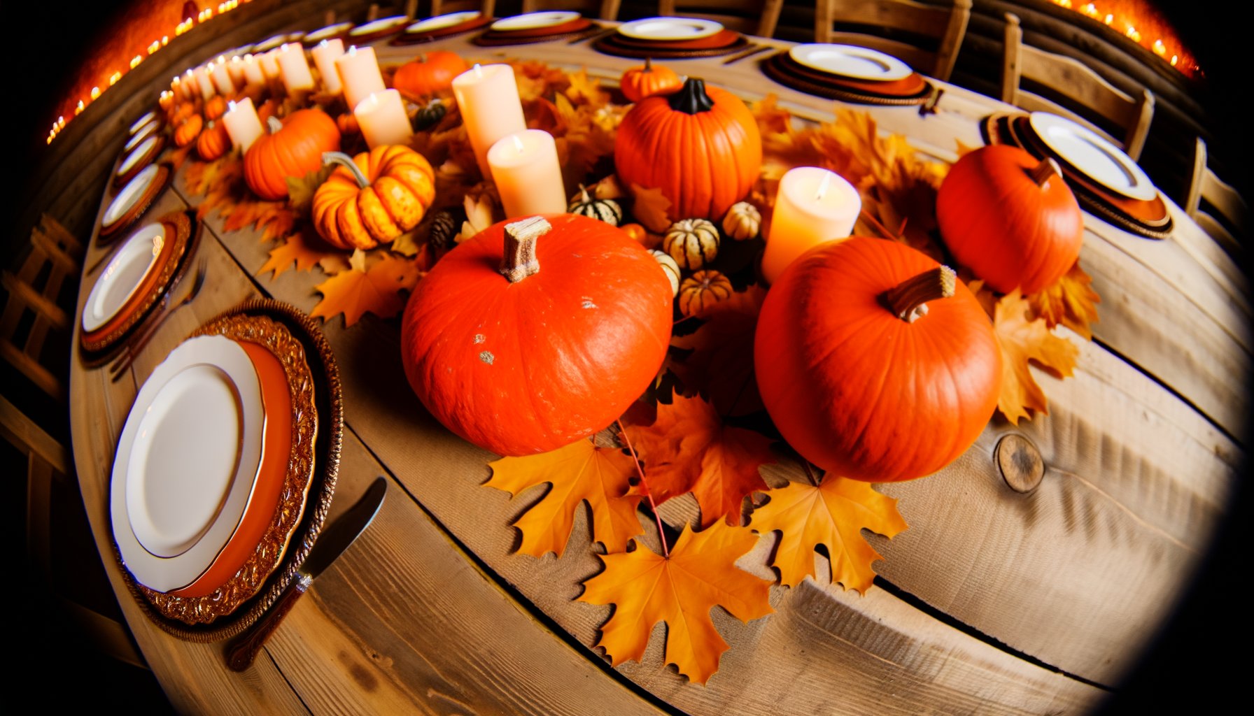 Fall harvest table with pumpkins, leaves, candles, autumn decor; enhances cozy party vibes. Fall themed party printables.