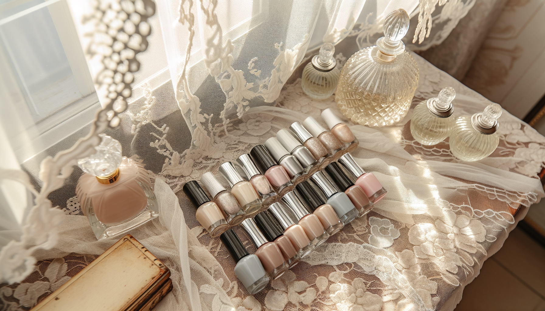 Luxurious nude gel polish bottles on elegant vanity table with lace and perfume.