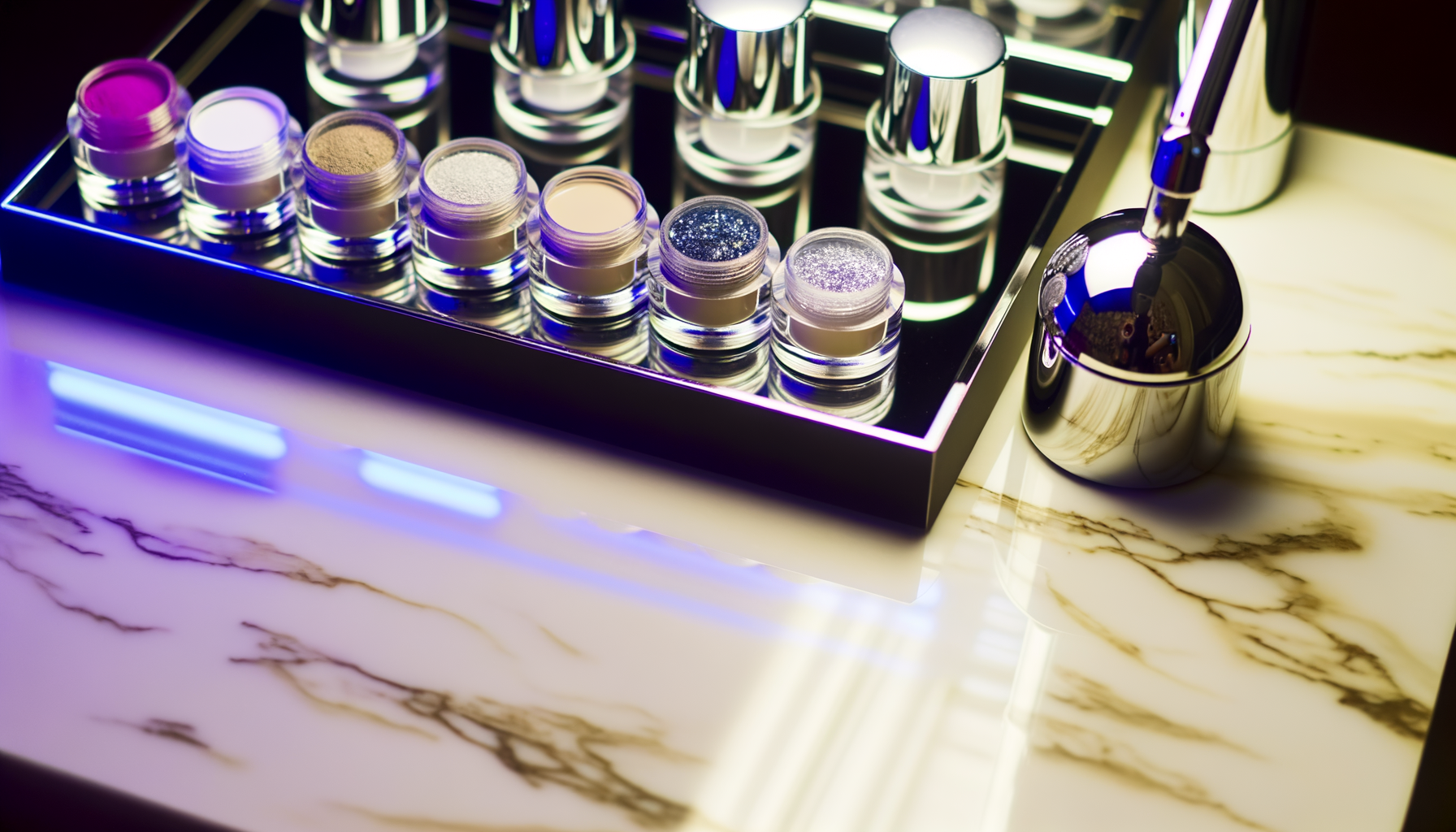 Chrome nail powder display in stylish salon setup, perfect for DIY mirror nails.