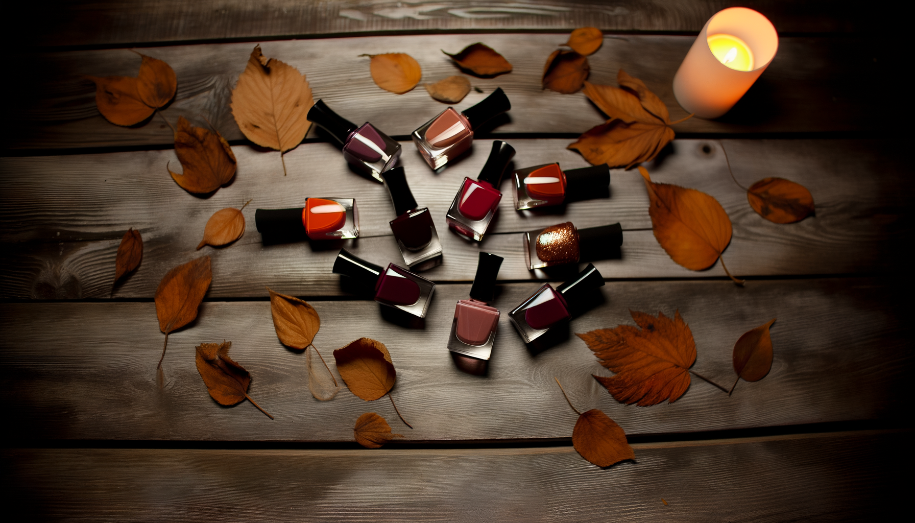 Warm autumn nail art setup with burnt orange, burgundy, and yellow polish bottles.