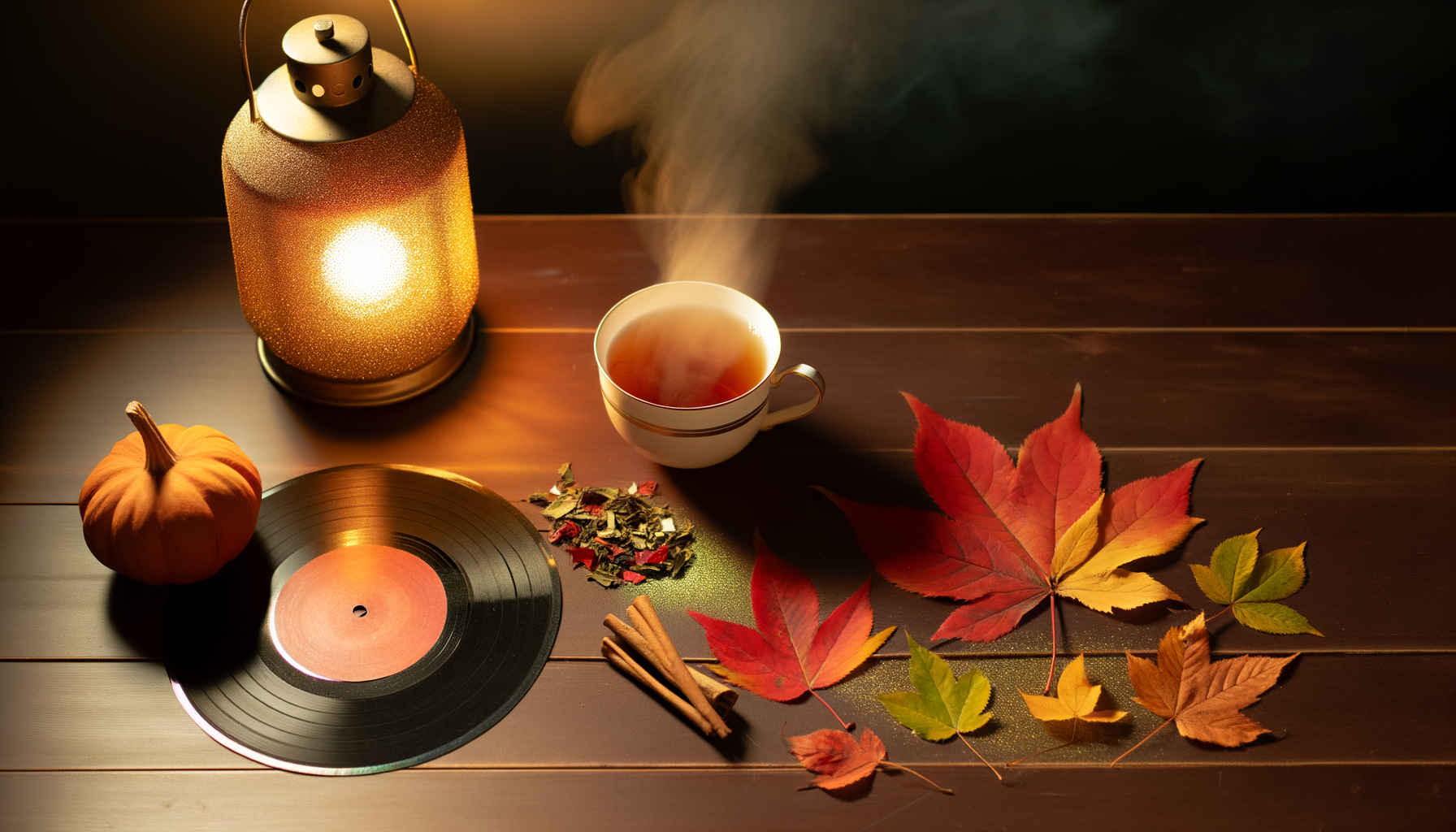 Cozy fall music playlist printable with autumnal decor and tea vibes.