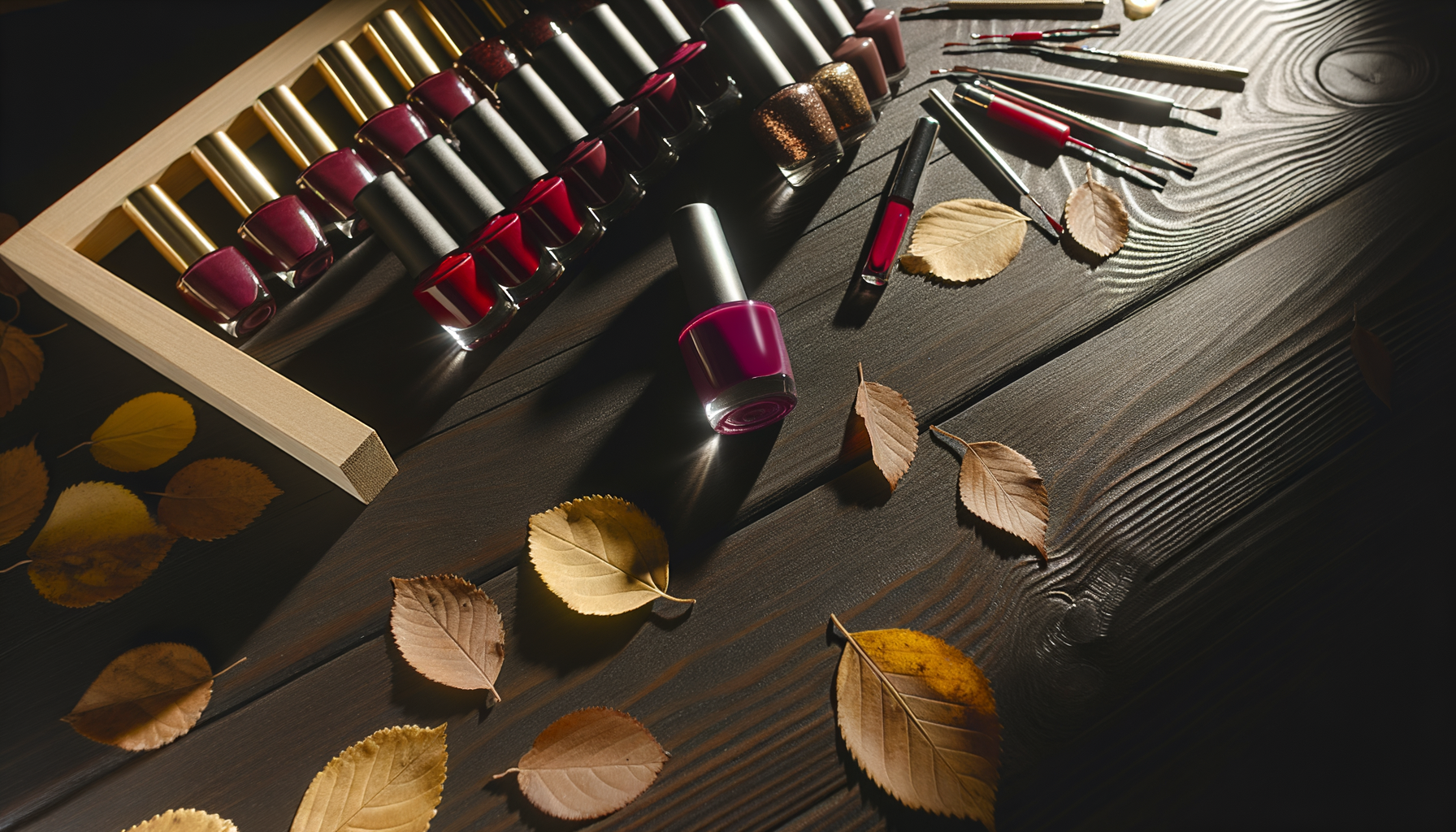 Luxurious burgundy nail polish bottles on dark wood table with autumn leaves.