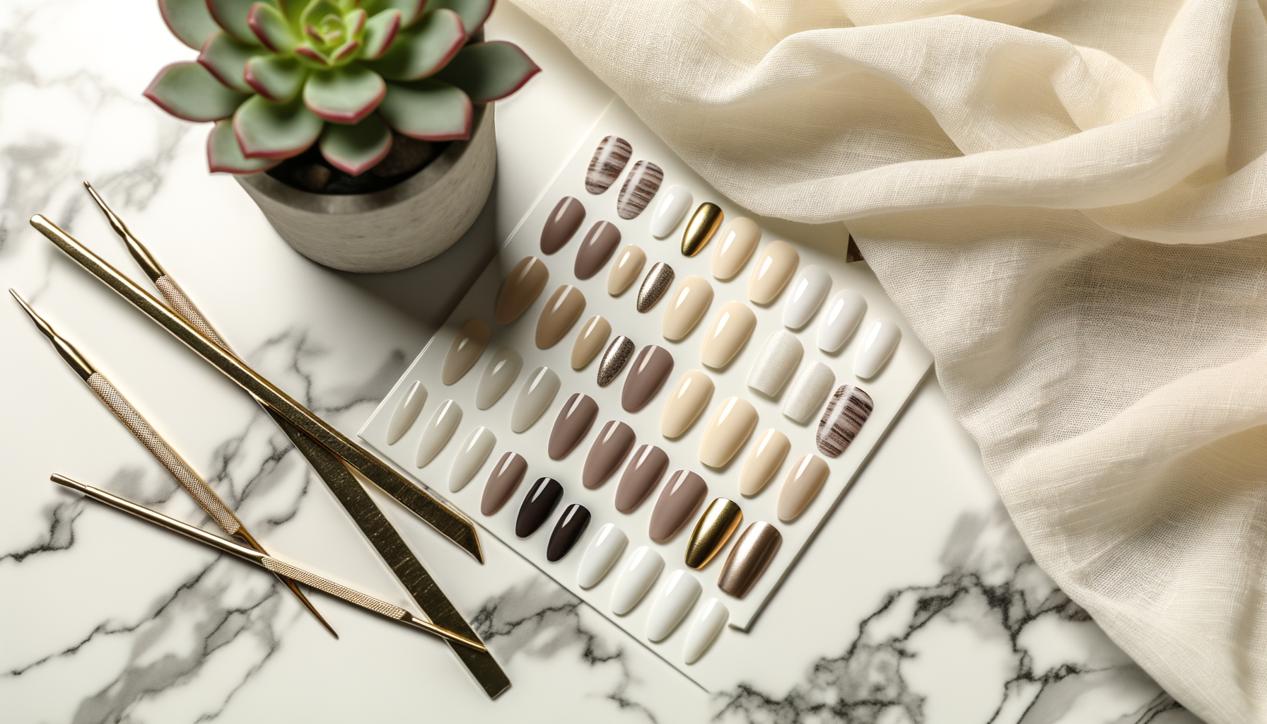 Neutral press-on nails in chic shapes and sizes on marble countertop.