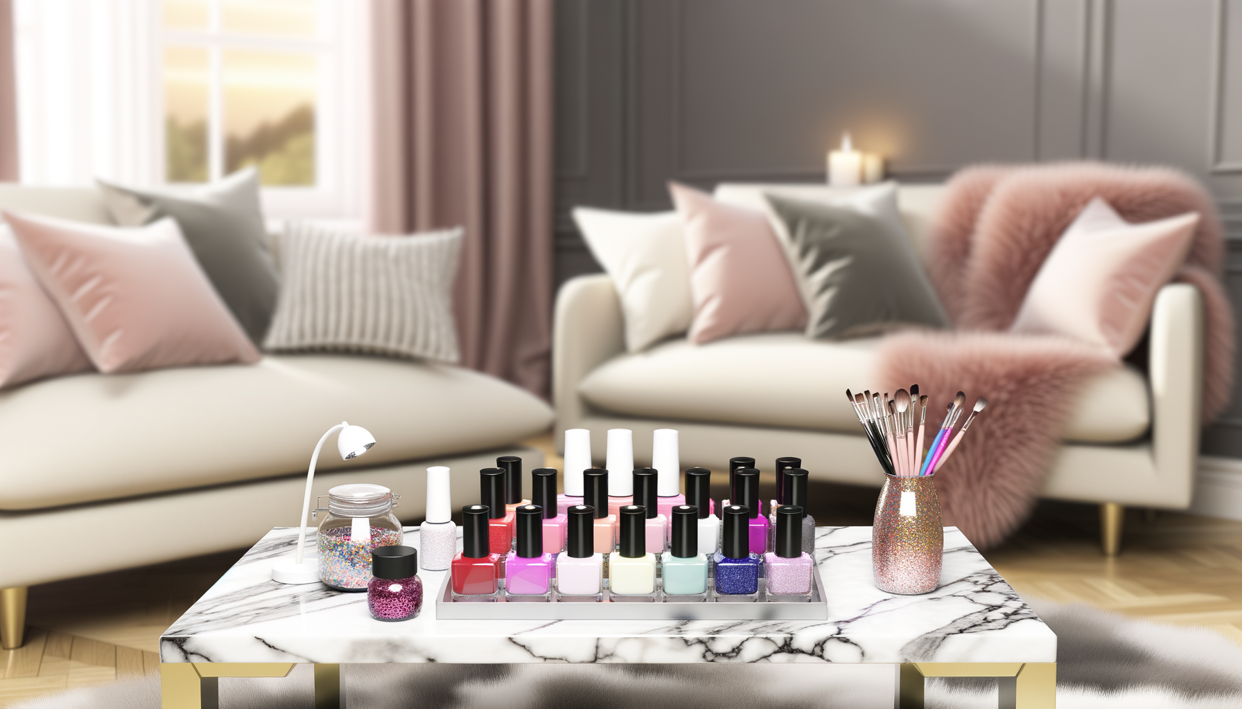 Vibrant gel nail polish station in cozy living room for at-home manicures.