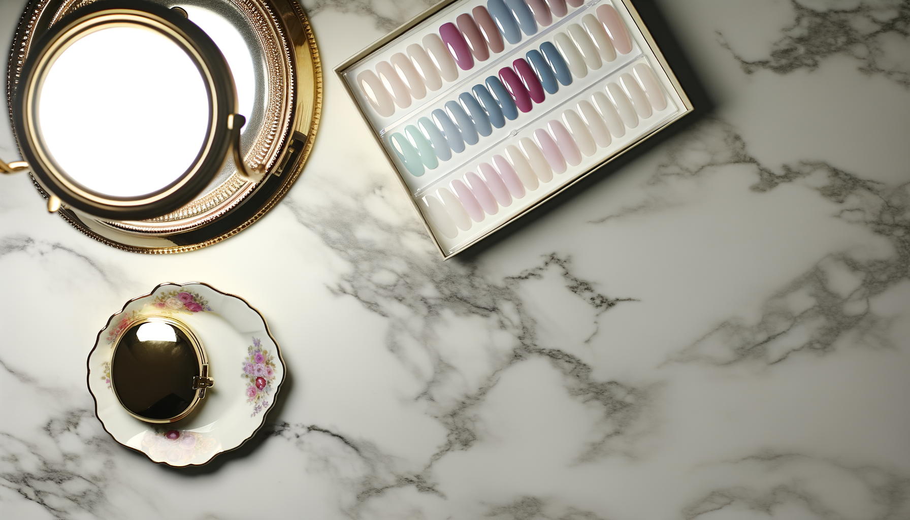 Elegant pastel press-on nail sets on marble vanity for timeless style.