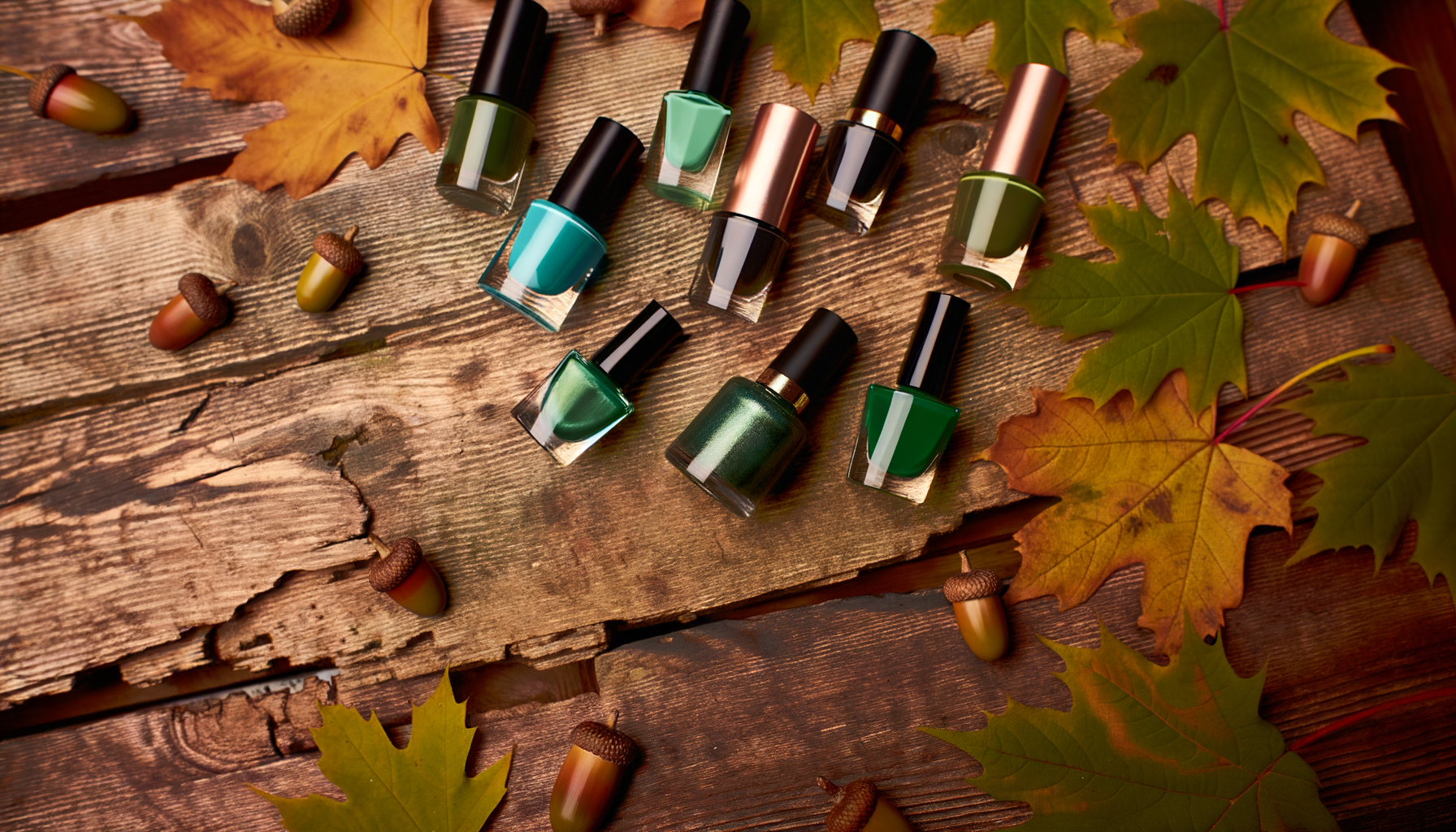 Green fall nail polish collection on wooden surface with leaves and acorns.