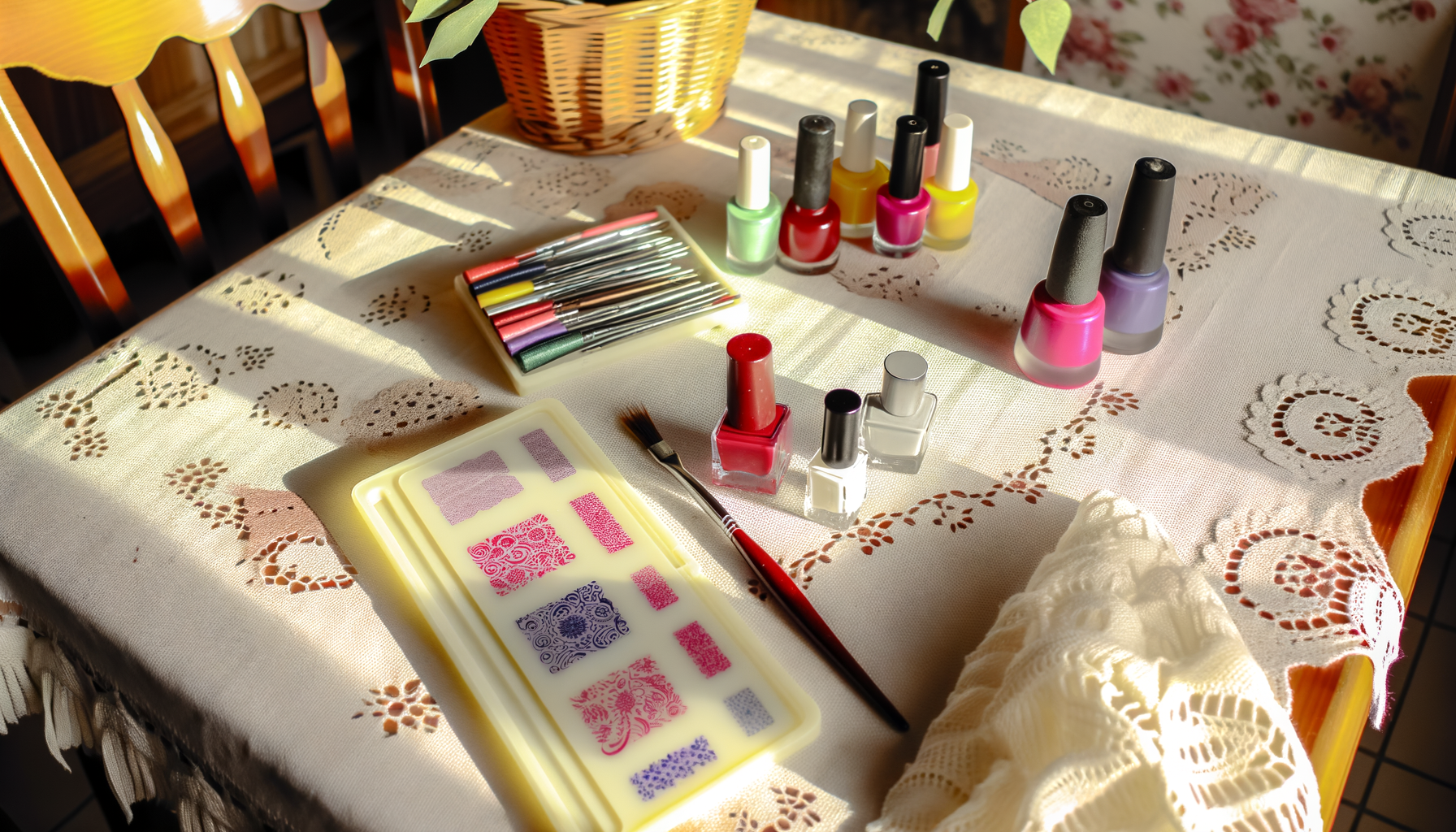 Colorful nail stamping plates and polishes on cozy kitchen table, perfect for creative nail art.