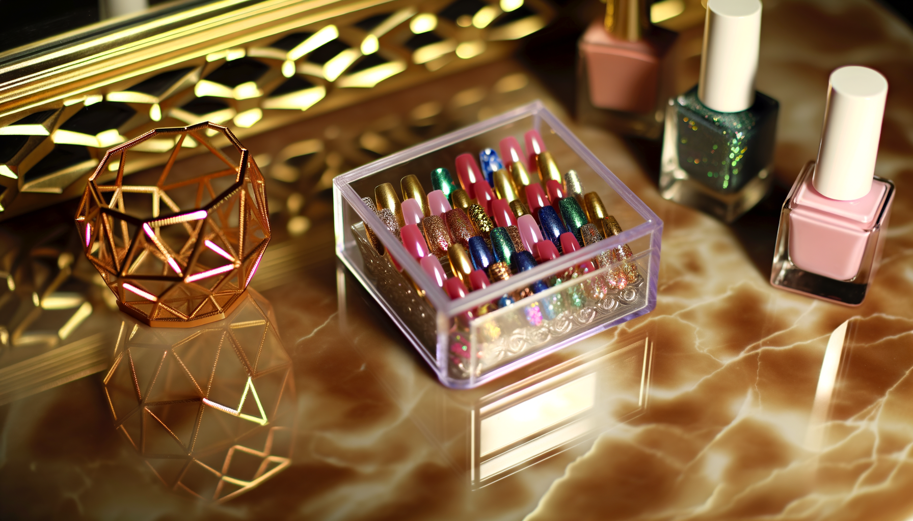 Chic press-on nail display on elegant vanity table - effortless luxury for busy moms.