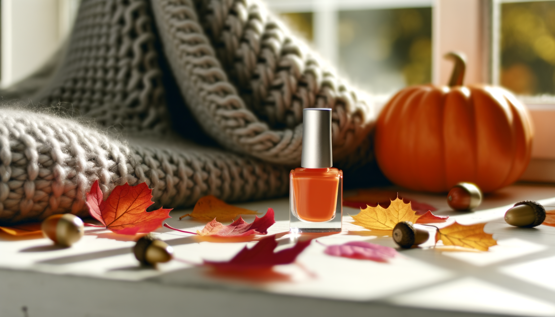 Autumn-themed orange nail polish bottle amidst cozy table setting with fall elements.
