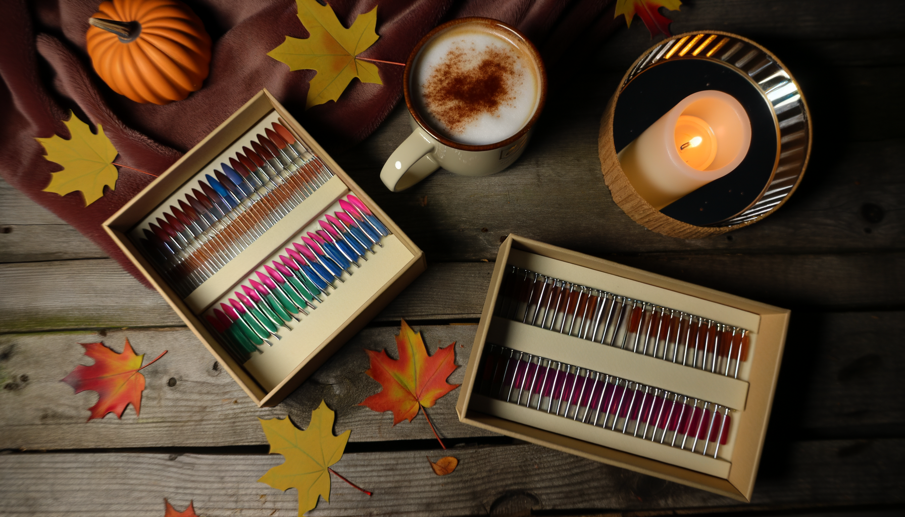 Long coffin press-on nails in fall colors on rustic table.