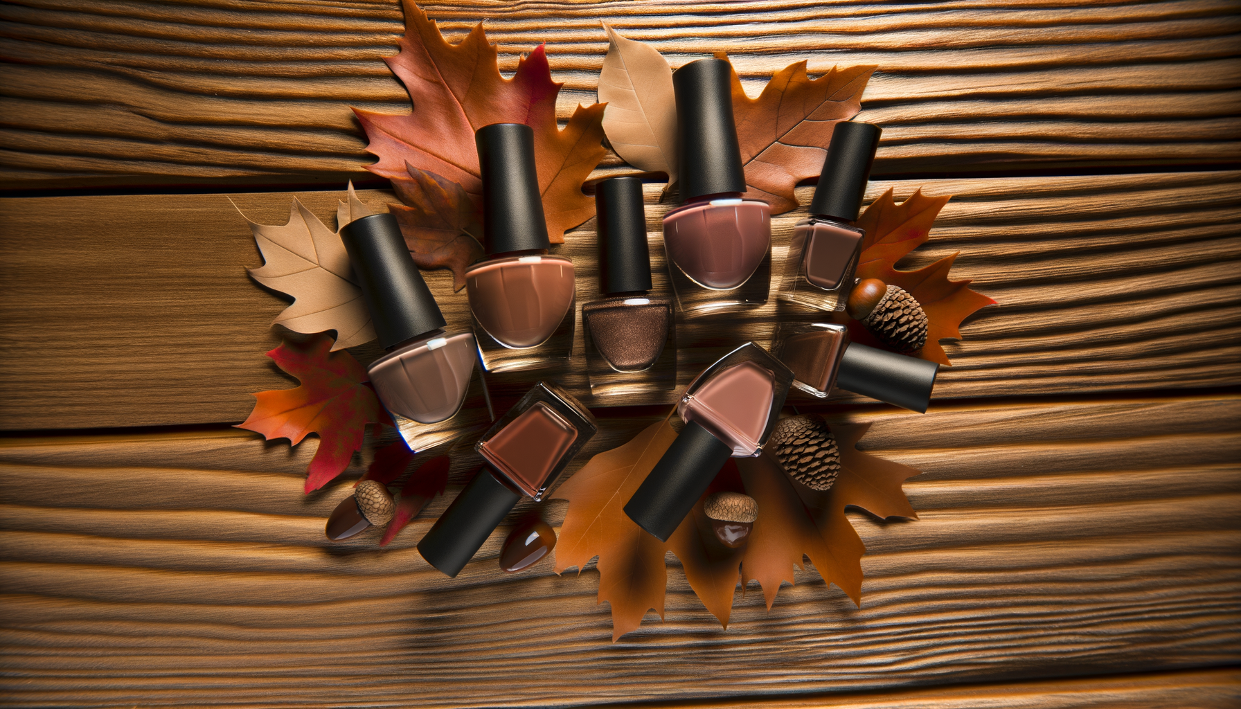 Brown nail polish bottles on autumn-themed nail station for seasonal style inspiration.