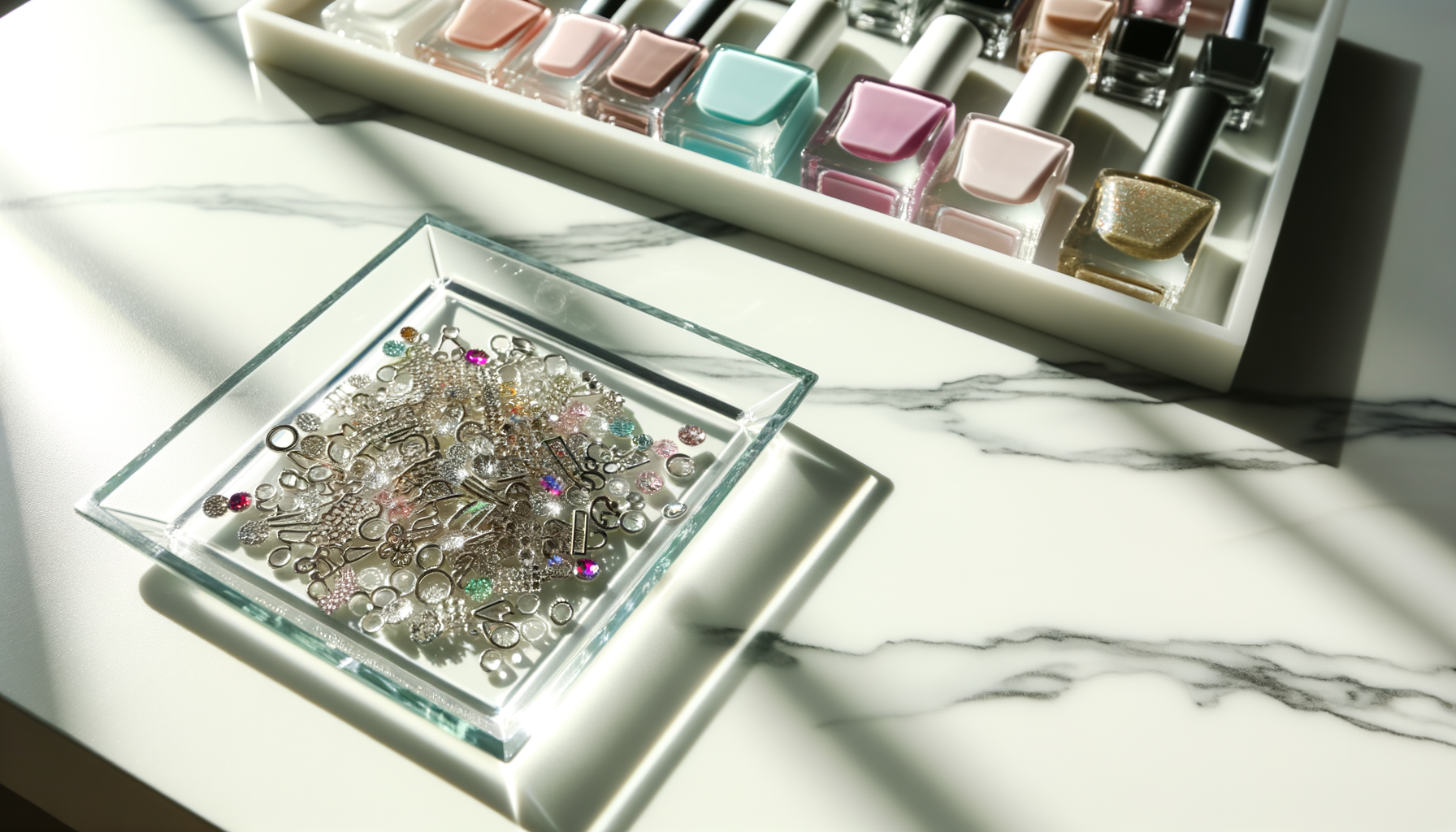 Stunning rhinestone nail charms on chic manicure setup with pastel polishes.