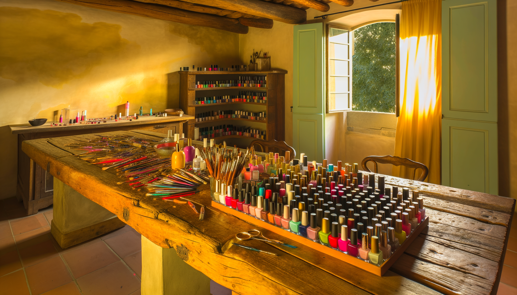 Cozy kitchen nail art studio with vibrant colors, brushes, and designs for DIY creativity.