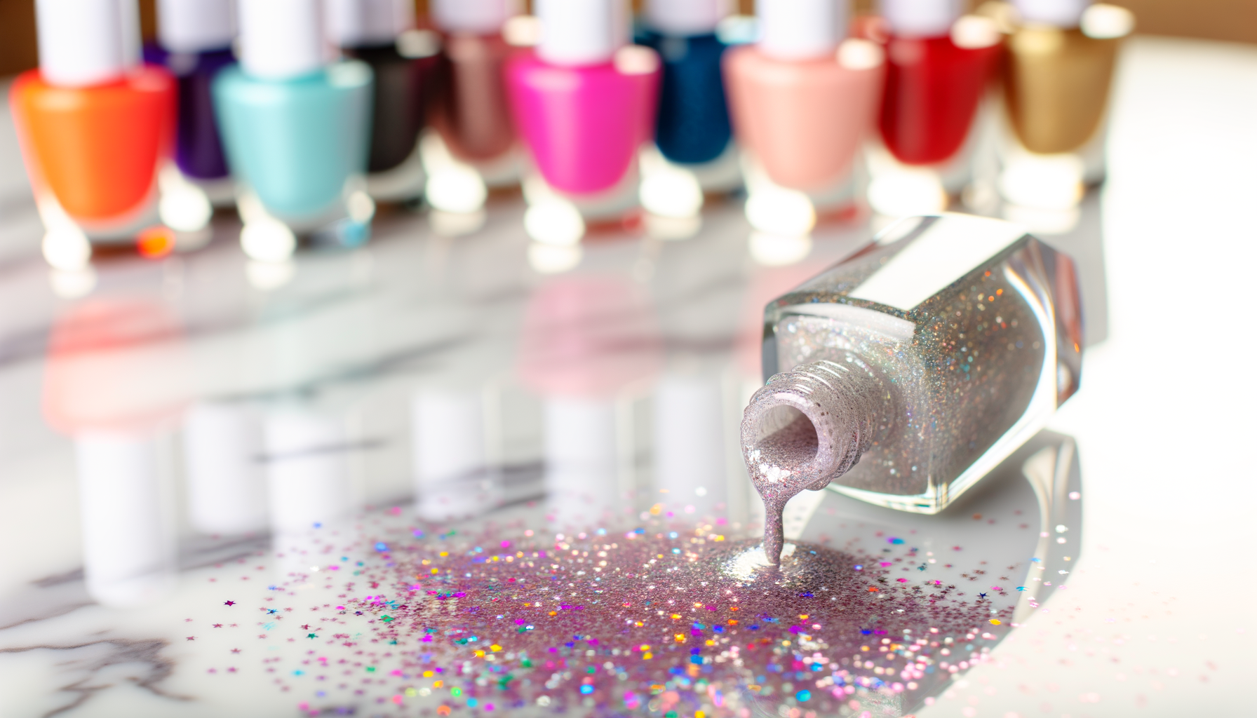 Glistening glitter nail polish spills on marble table amid colorful bottles.