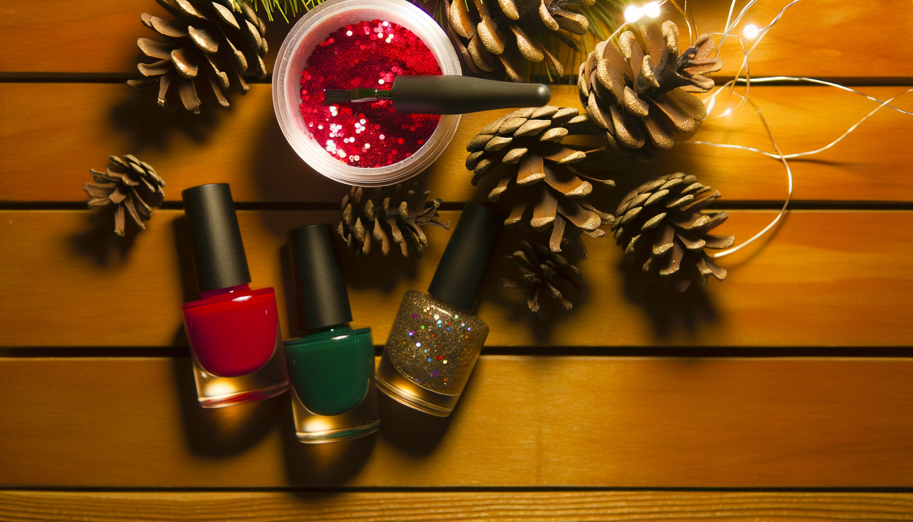 Festive nail art workstation with red, green polish bottles, glitter, cozy holiday vibe.