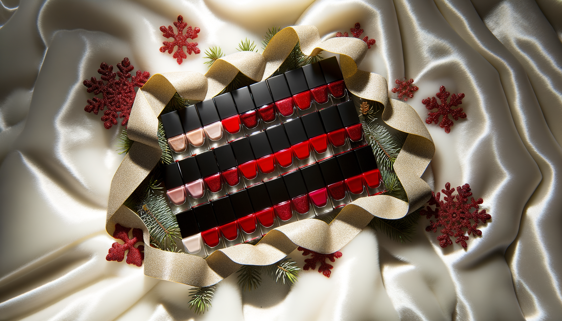 Red Christmas nail polish collection with festive decorations on white velvet background.