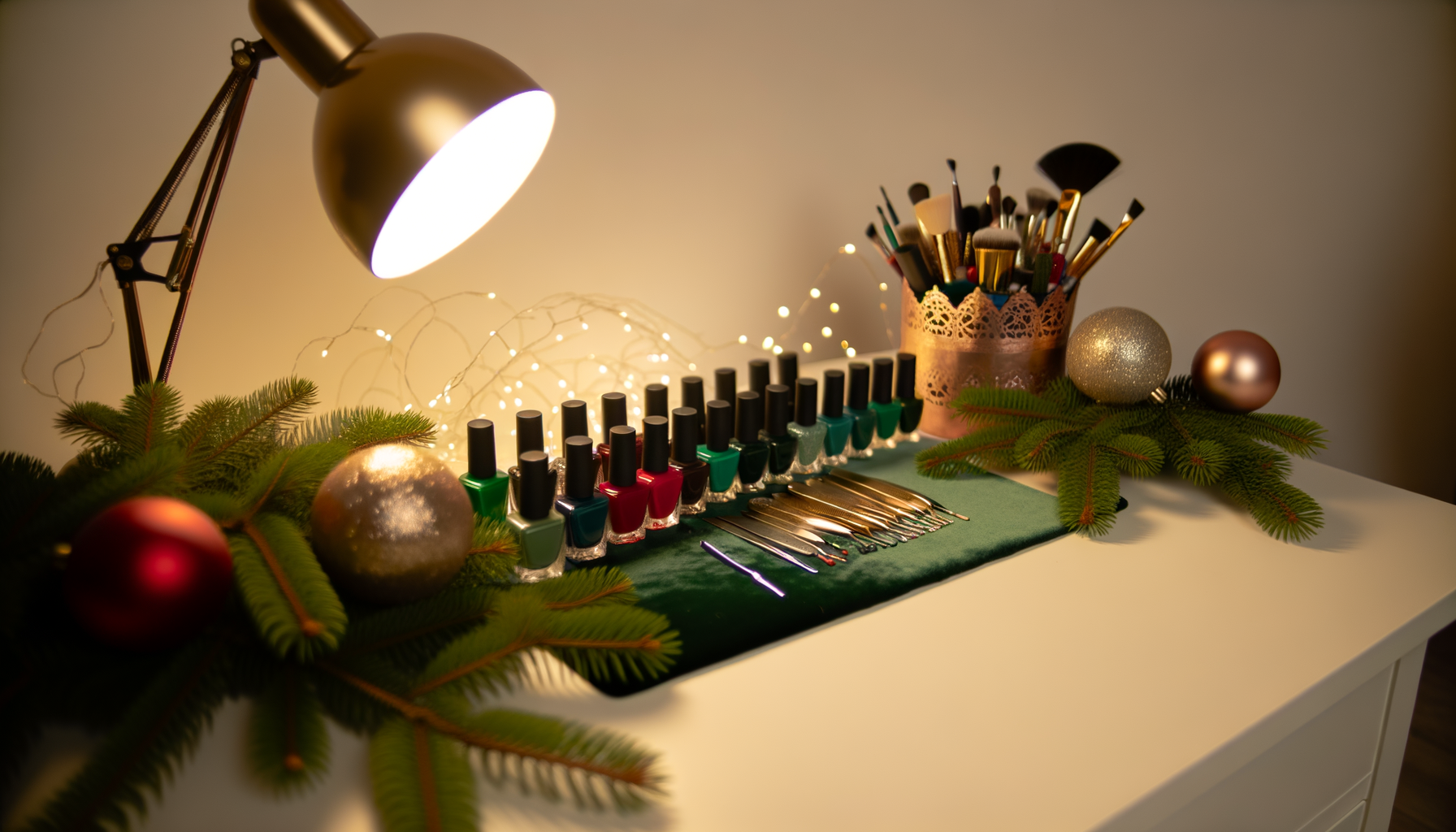 Festive green Christmas nail polish bottles, pine branches, and twinkling lights.
