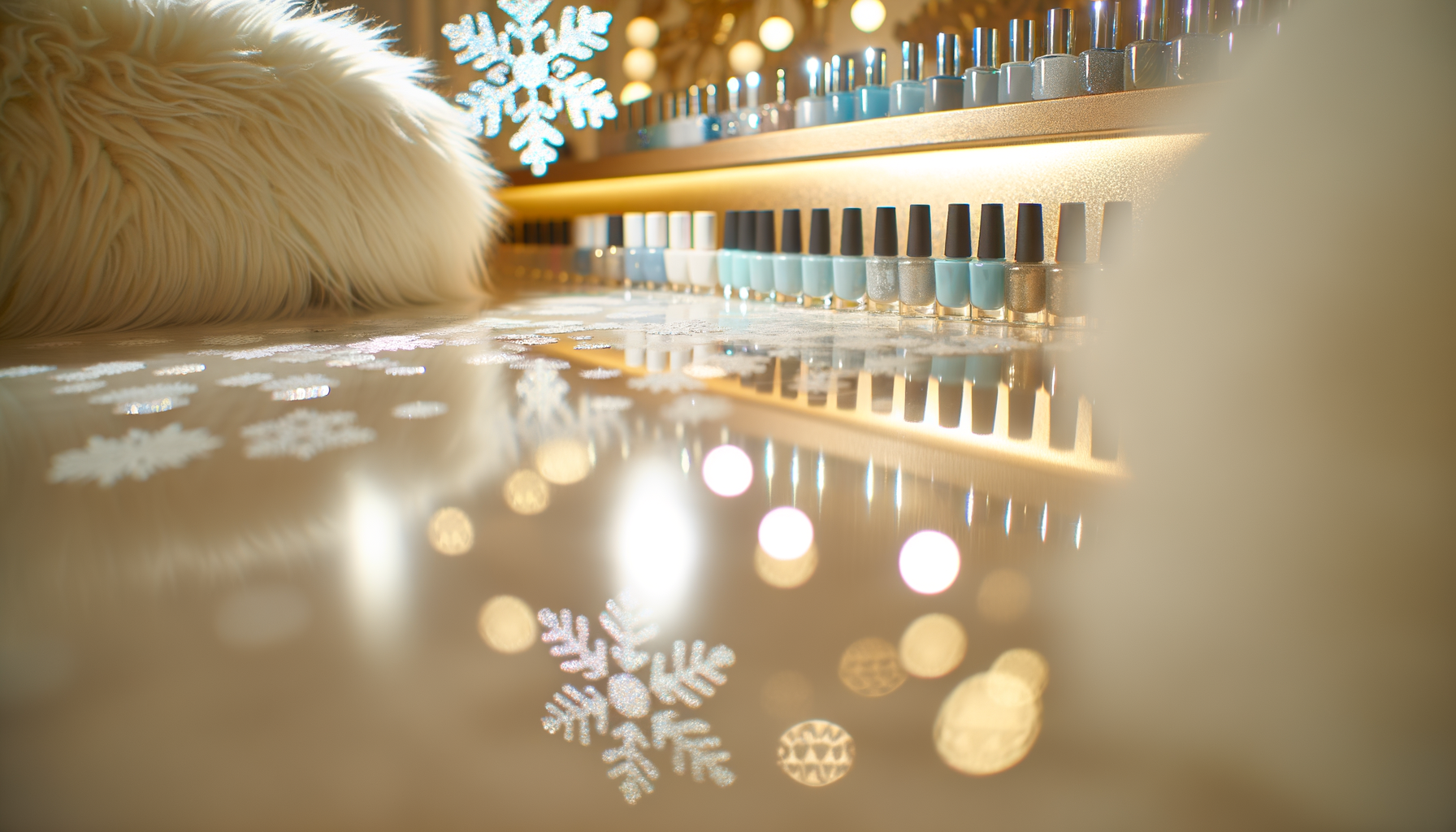 Winter wonderland nail art studio with icy blue polish and snowflake decals.