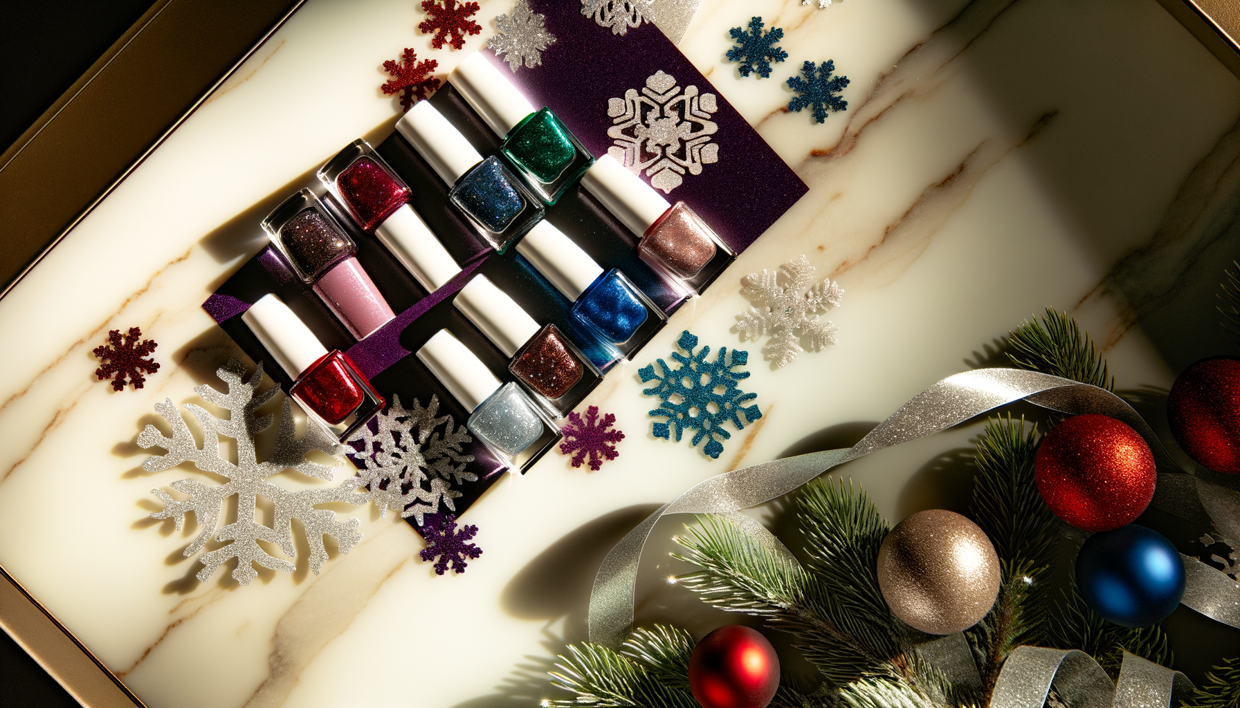 Festive glitter holiday nails with snowflakes, ornaments, ribbons, and evergreen branch on marble.