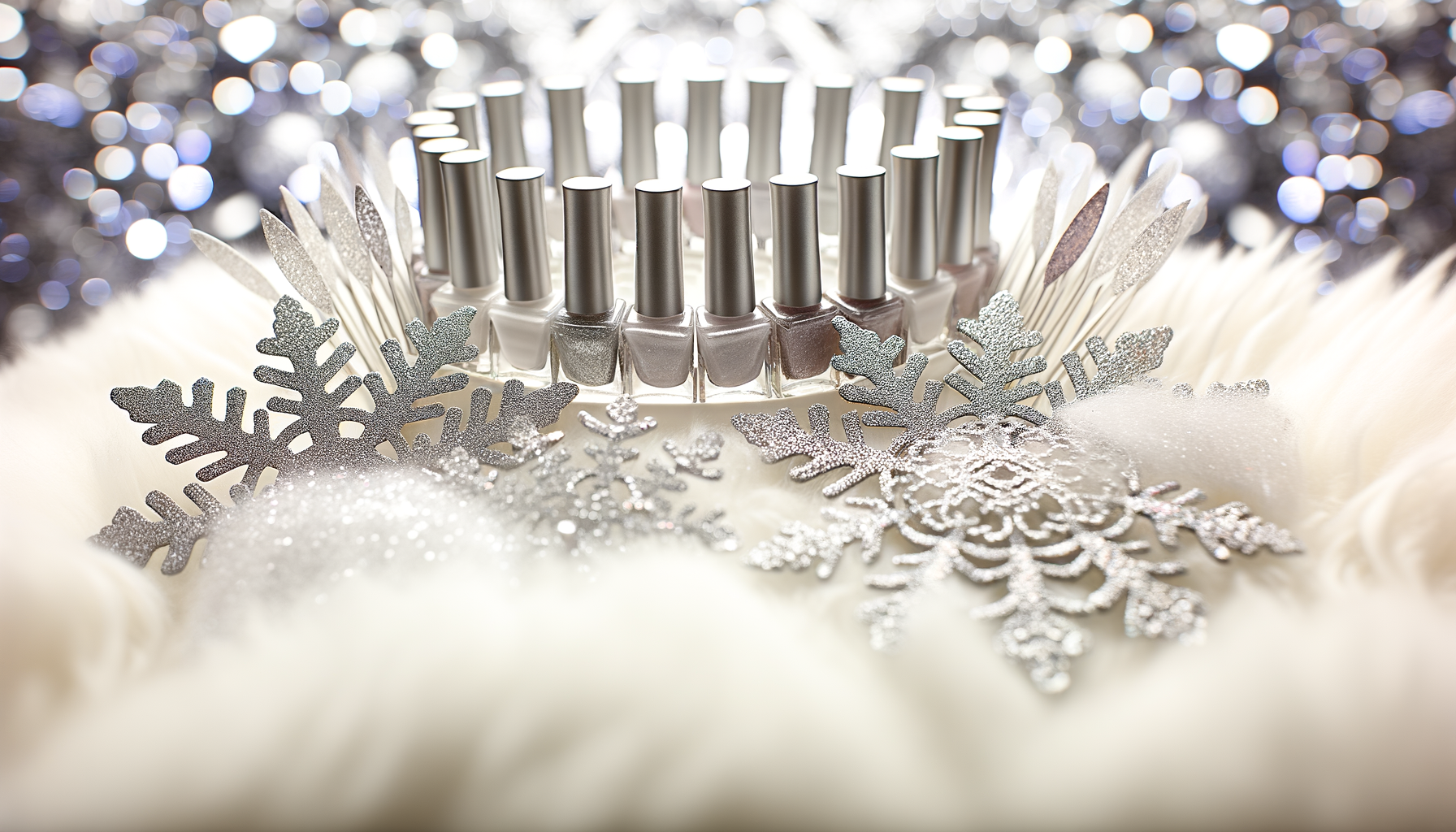 Glimmering silver nail polish bottles with snowflake decor, perfect for winter nail art.