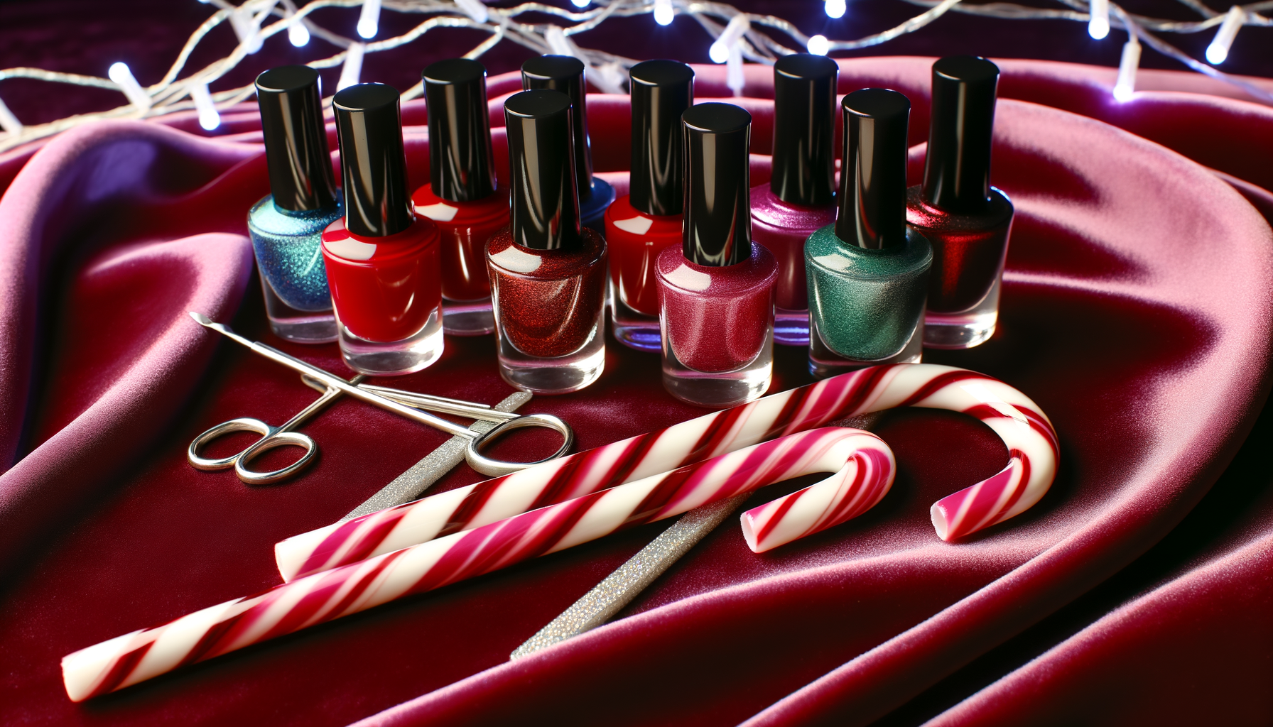 Festive candy cane nail art supplies on elegant table setting for holiday tradition.