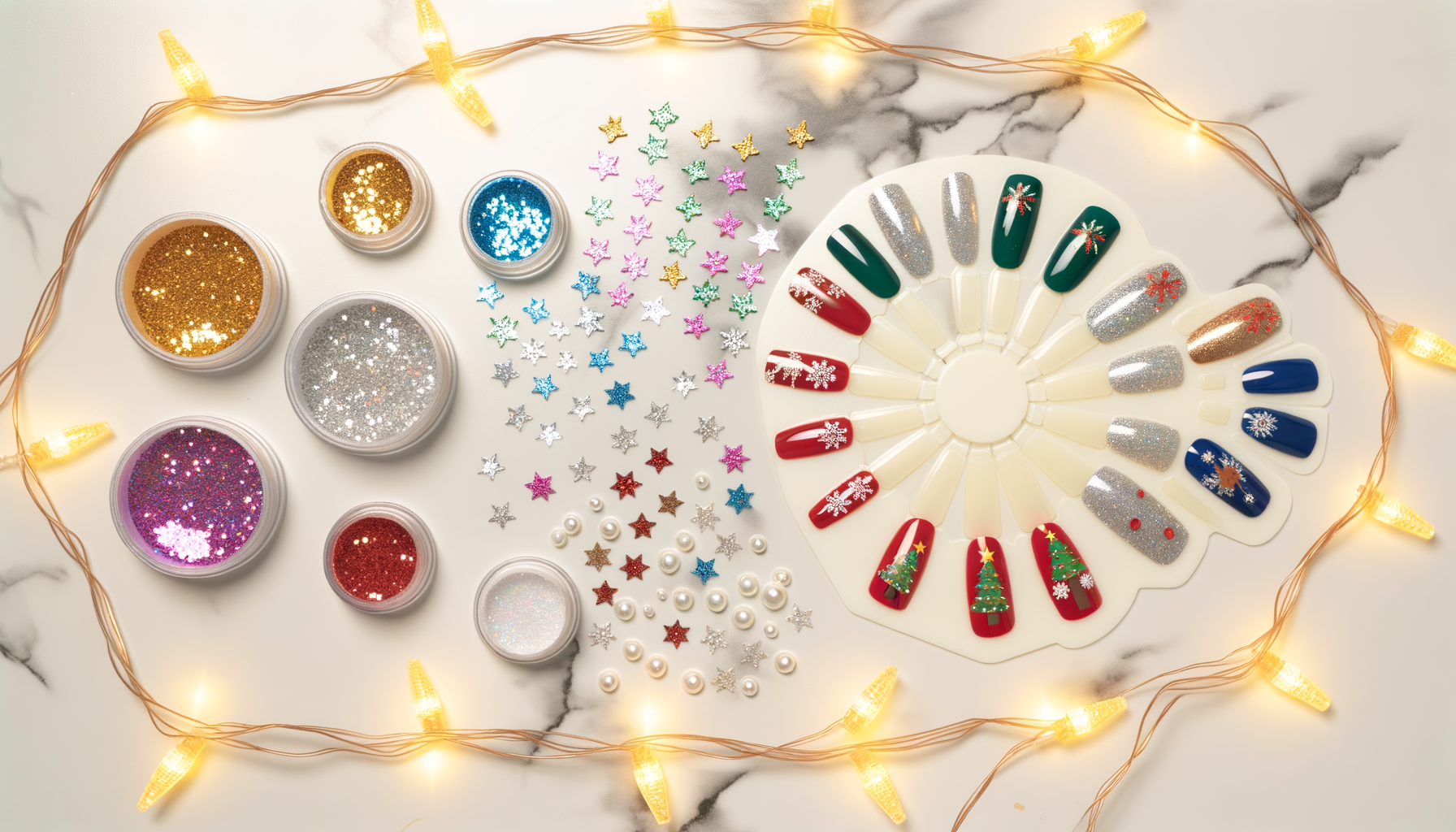 Festive holiday press-on nails station with vibrant designs and sparkling embellishments.